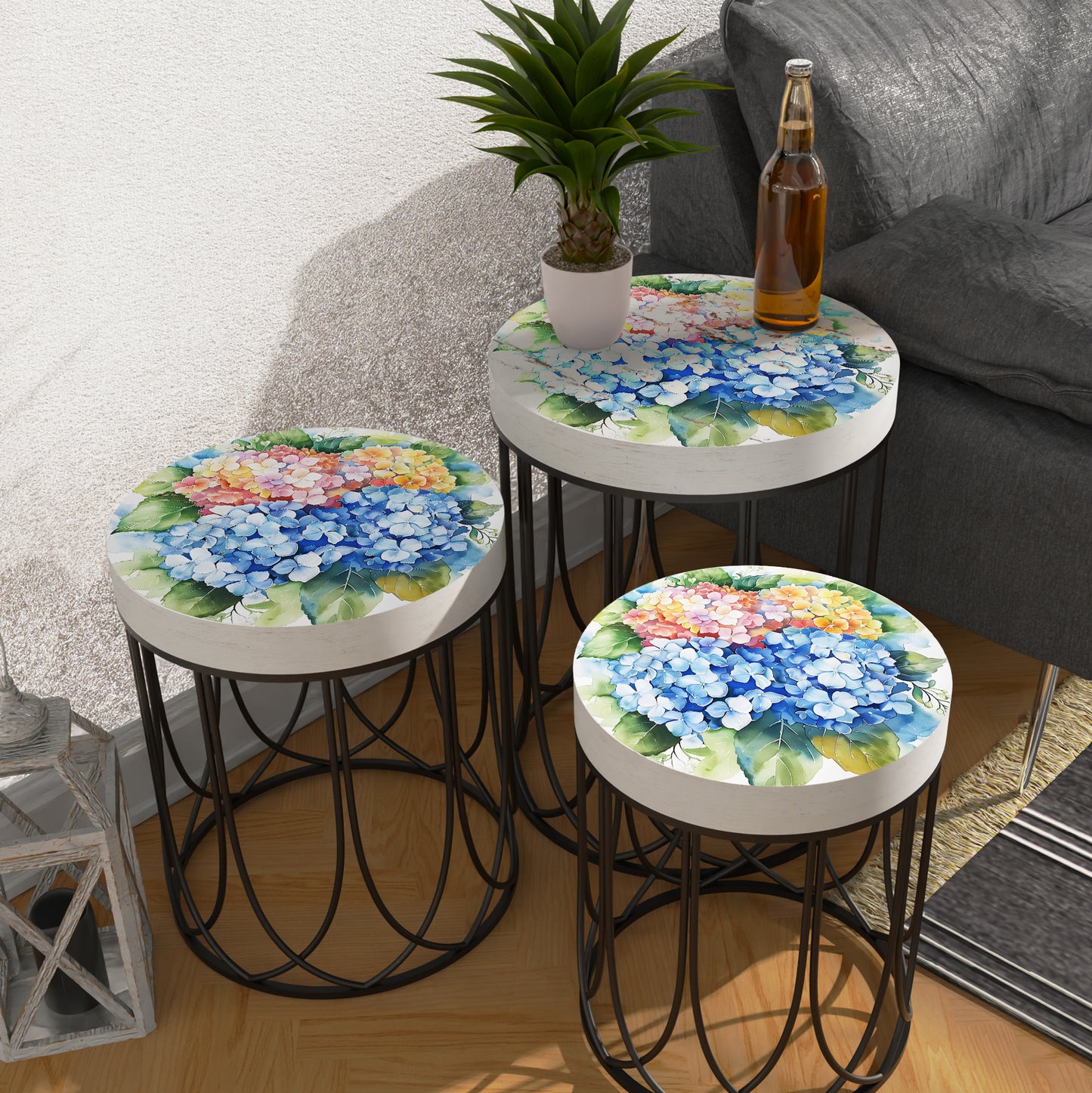 Spring Watercolor Hydrangea Accent Table | Round End Table for Indoor | UV Print Side Table | Wood & Metal | Spring Botanicals | 3 Sizes