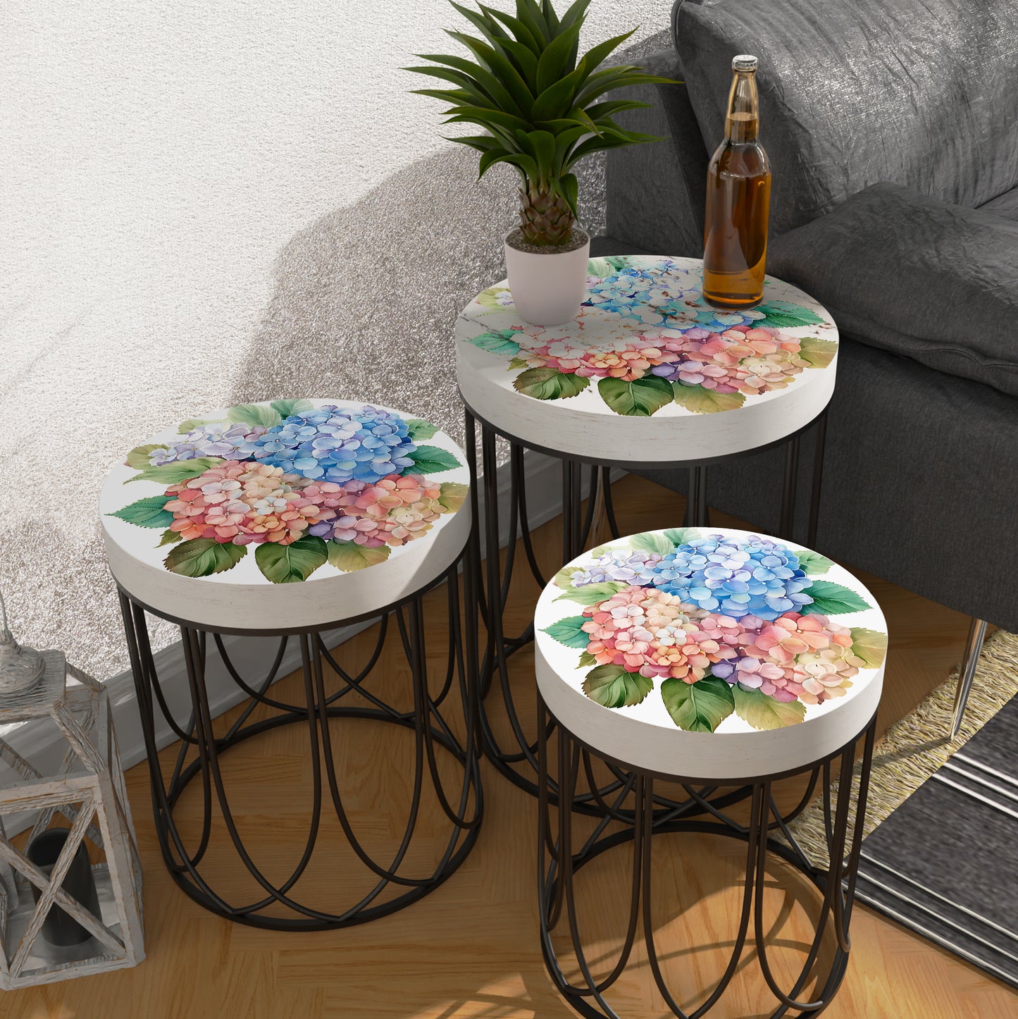 Spring Watercolor Hydrangea Accent Table | Round End Table for Indoor | UV Print Side Table | Wood & Metal | Spring Botanicals | 3 Sizes