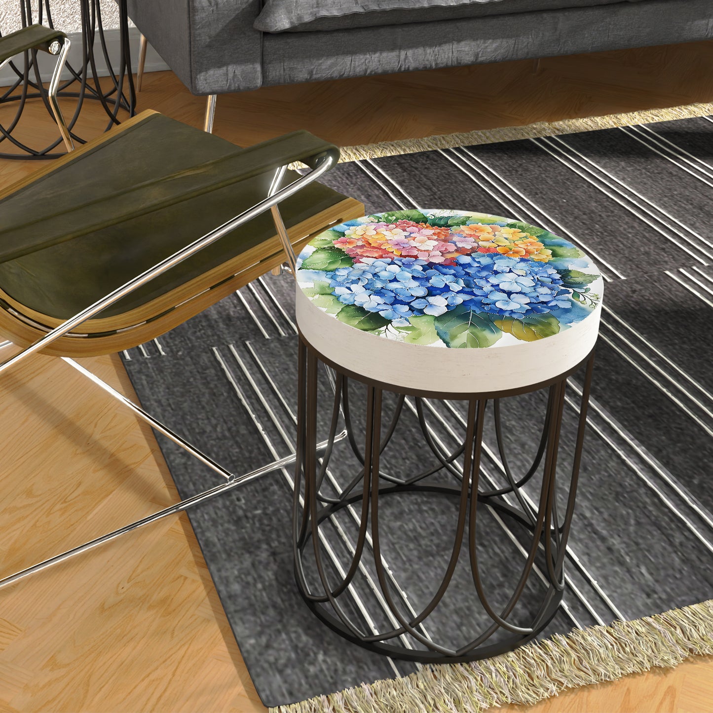 Spring Watercolor Hydrangea Accent Table | Round End Table for Indoor | UV Print Side Table | Wood & Metal | Spring Botanicals | 3 Sizes