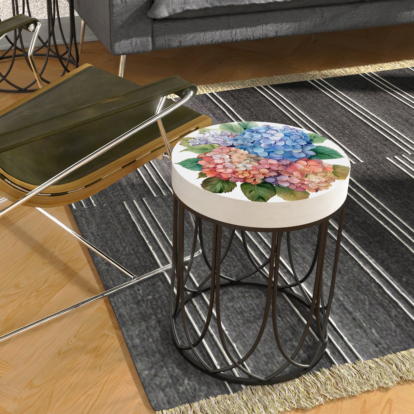 Spring Watercolor Hydrangea Accent Table | Round End Table for Indoor | UV Print Side Table | Wood & Metal | Spring Botanicals | 3 Sizes