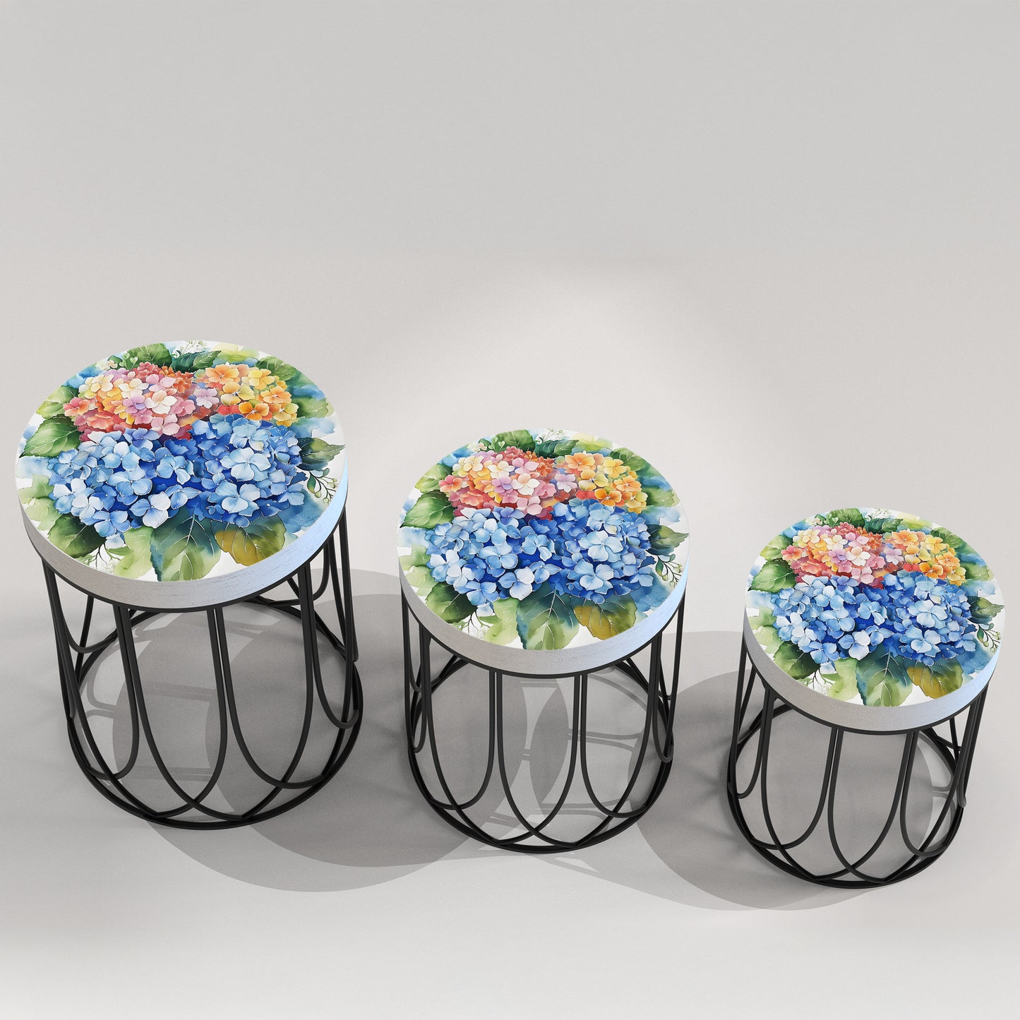 Spring Watercolor Hydrangea Accent Table | Round End Table for Indoor | UV Print Side Table | Wood & Metal | Spring Botanicals | 3 Sizes
