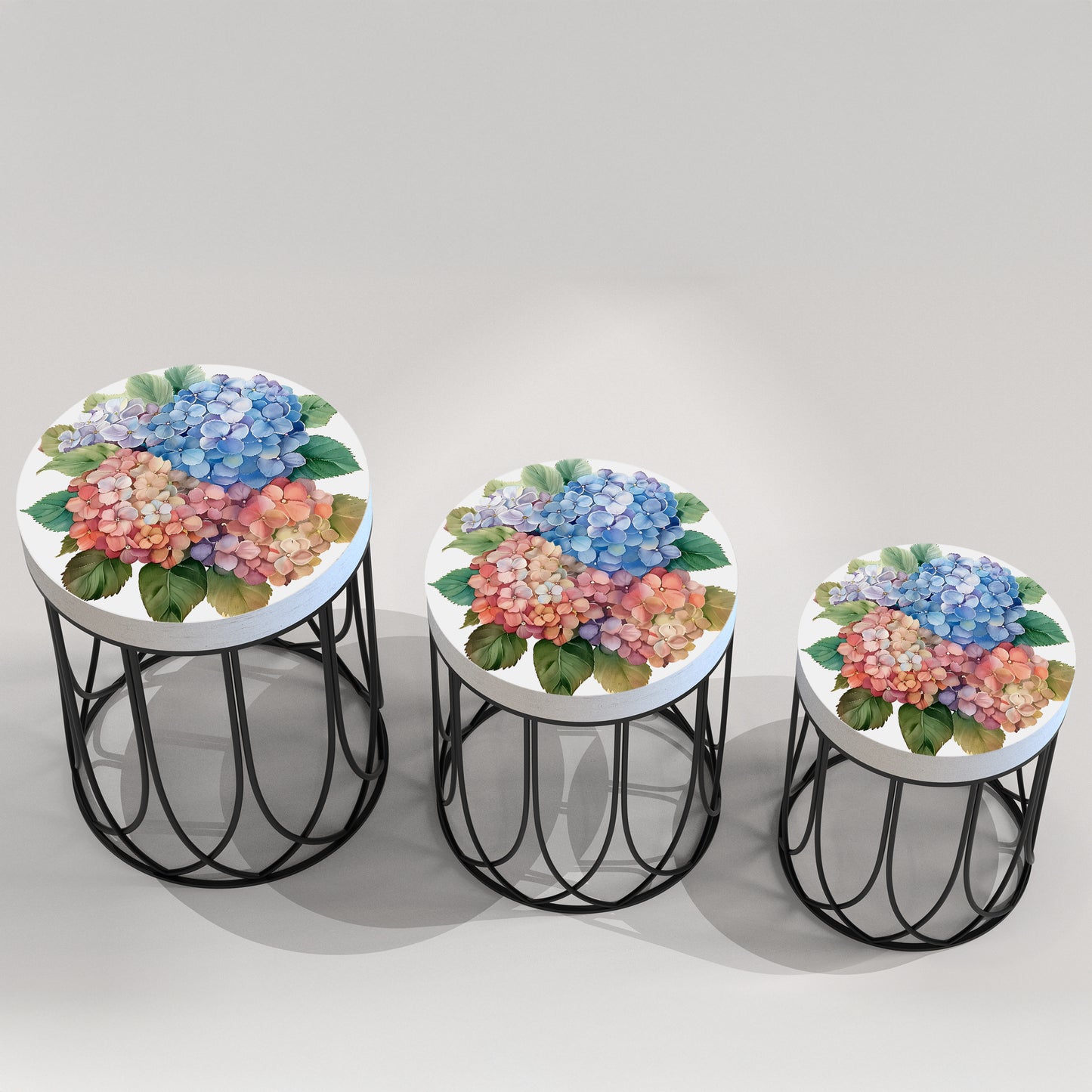 Spring Watercolor Hydrangea Accent Table | Round End Table for Indoor | UV Print Side Table | Wood & Metal | Spring Botanicals | 3 Sizes