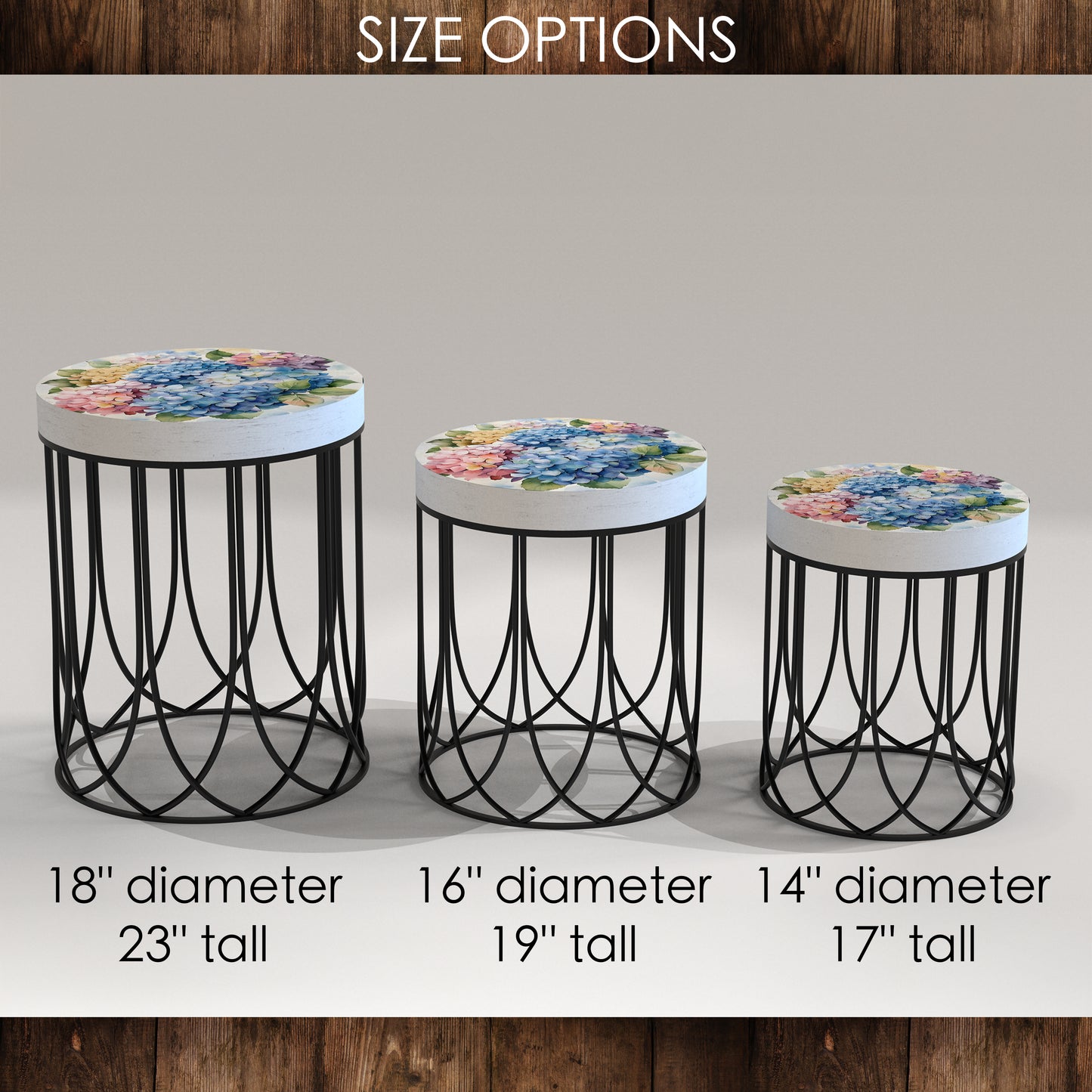 Spring Watercolor Hydrangea Accent Table | Round End Table for Indoor | UV Print Side Table | Wood & Metal | Spring Botanicals | 3 Sizes