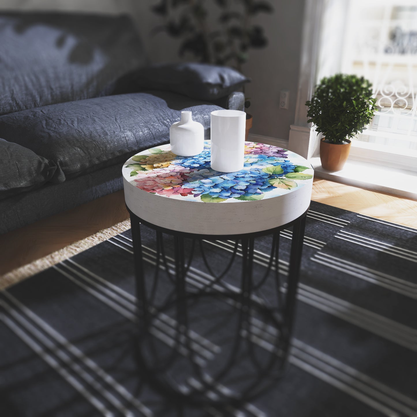 Spring Watercolor Hydrangea Accent Table | Round End Table for Indoor | UV Print Side Table | Wood & Metal | Spring Botanicals | 3 Sizes