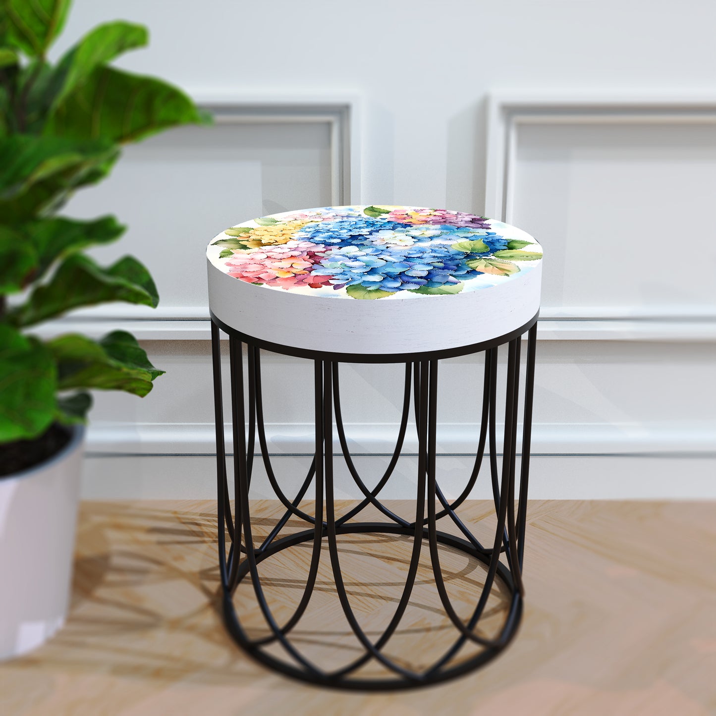 Spring Watercolor Hydrangea Accent Table | Round End Table for Indoor | UV Print Side Table | Wood & Metal | Spring Botanicals | 3 Sizes