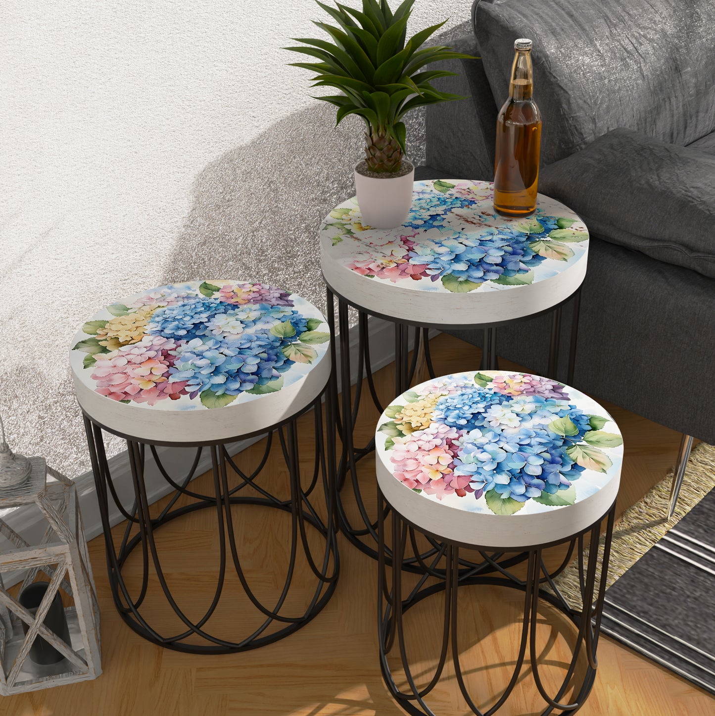 Spring Watercolor Hydrangea Accent Table | Round End Table for Indoor | UV Print Side Table | Wood & Metal | Spring Botanicals | 3 Sizes