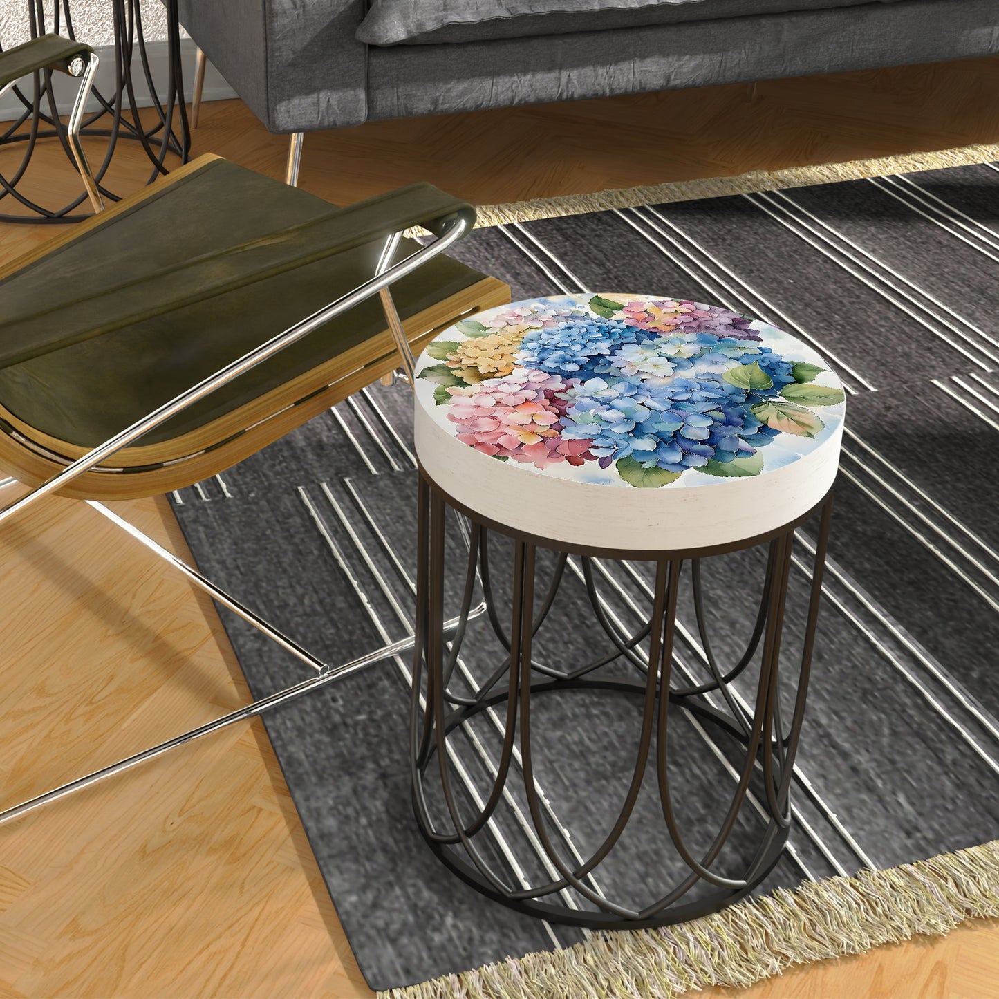 Spring Watercolor Hydrangea Accent Table | Round End Table for Indoor | UV Print Side Table | Wood & Metal | Spring Botanicals | 3 Sizes