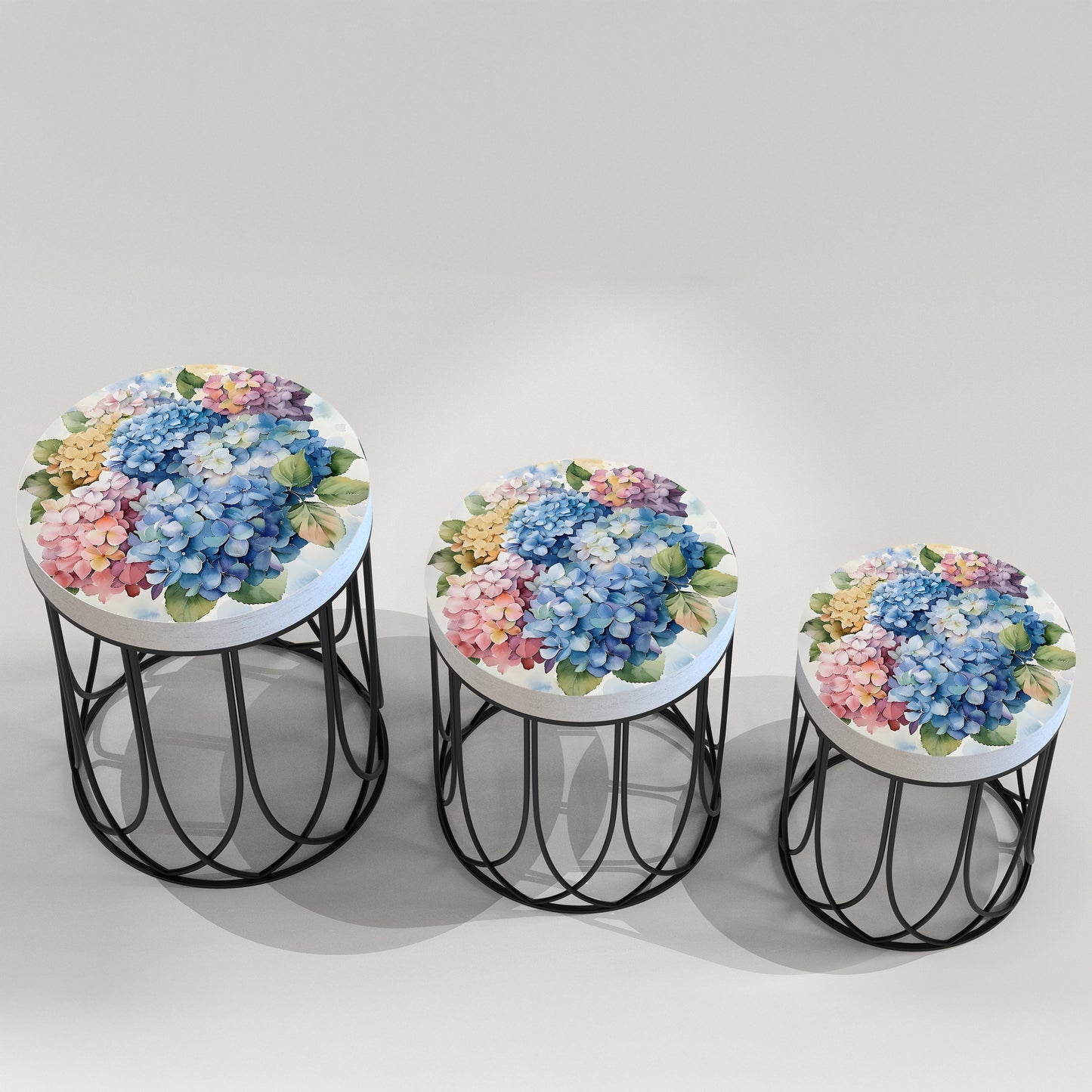 Spring Watercolor Hydrangea Accent Table | Round End Table for Indoor | UV Print Side Table | Wood & Metal | Spring Botanicals | 3 Sizes