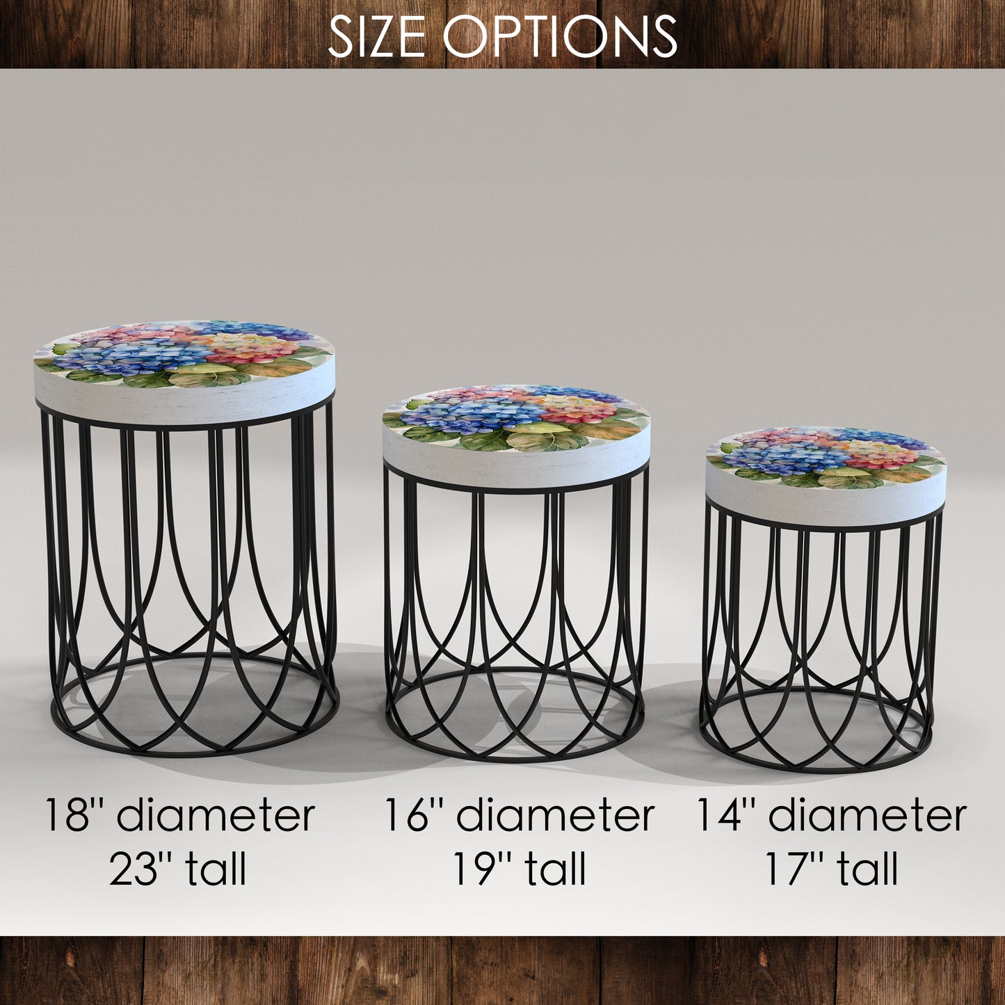 Spring Watercolor Hydrangea Accent Table | Round End Table for Indoor | UV Print Side Table | Wood & Metal | Spring Botanicals | 3 Sizes