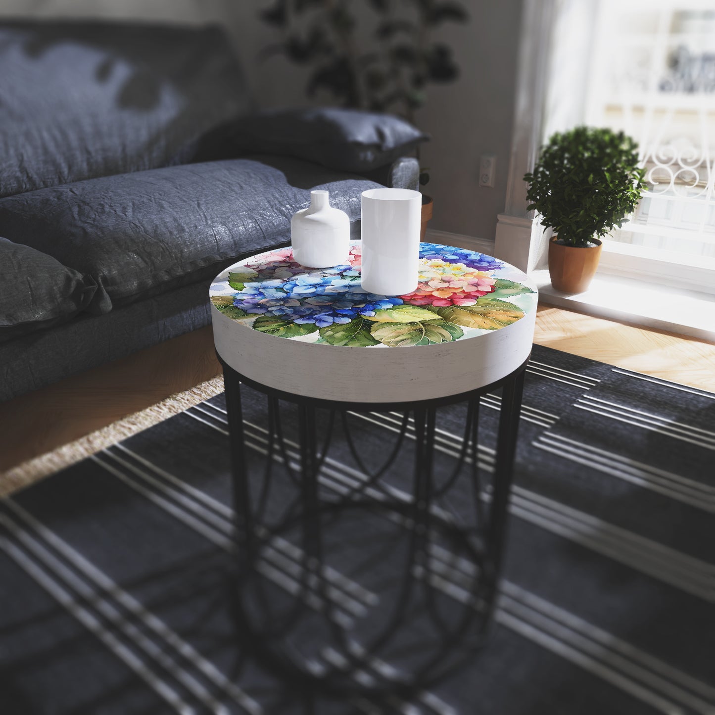 Spring Watercolor Hydrangea Accent Table | Round End Table for Indoor | UV Print Side Table | Wood & Metal | Spring Botanicals | 3 Sizes