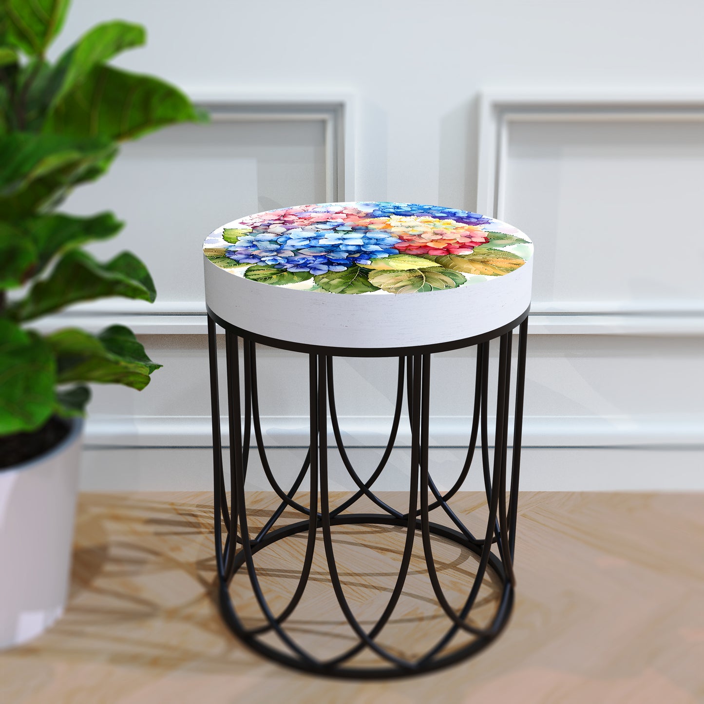 Spring Watercolor Hydrangea Accent Table | Round End Table for Indoor | UV Print Side Table | Wood & Metal | Spring Botanicals | 3 Sizes