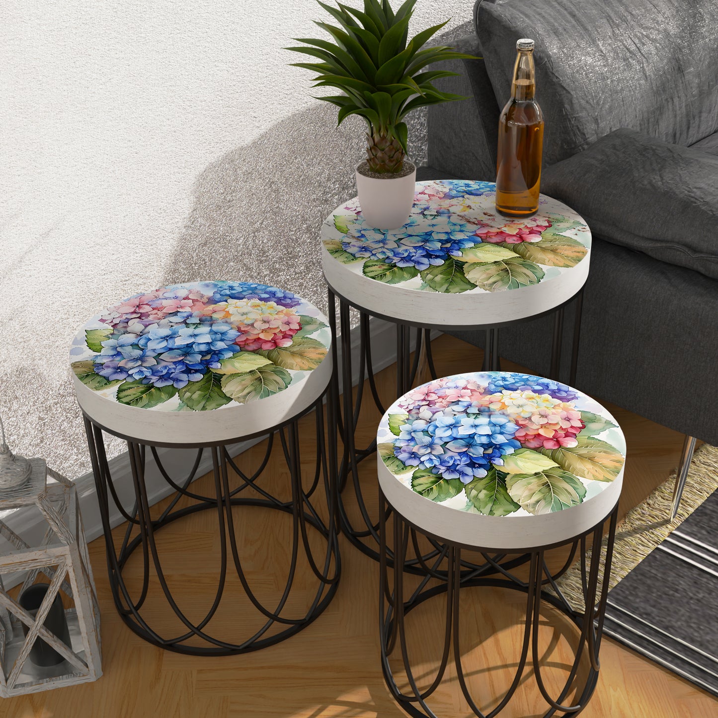 Spring Watercolor Hydrangea Accent Table | Round End Table for Indoor | UV Print Side Table | Wood & Metal | Spring Botanicals | 3 Sizes
