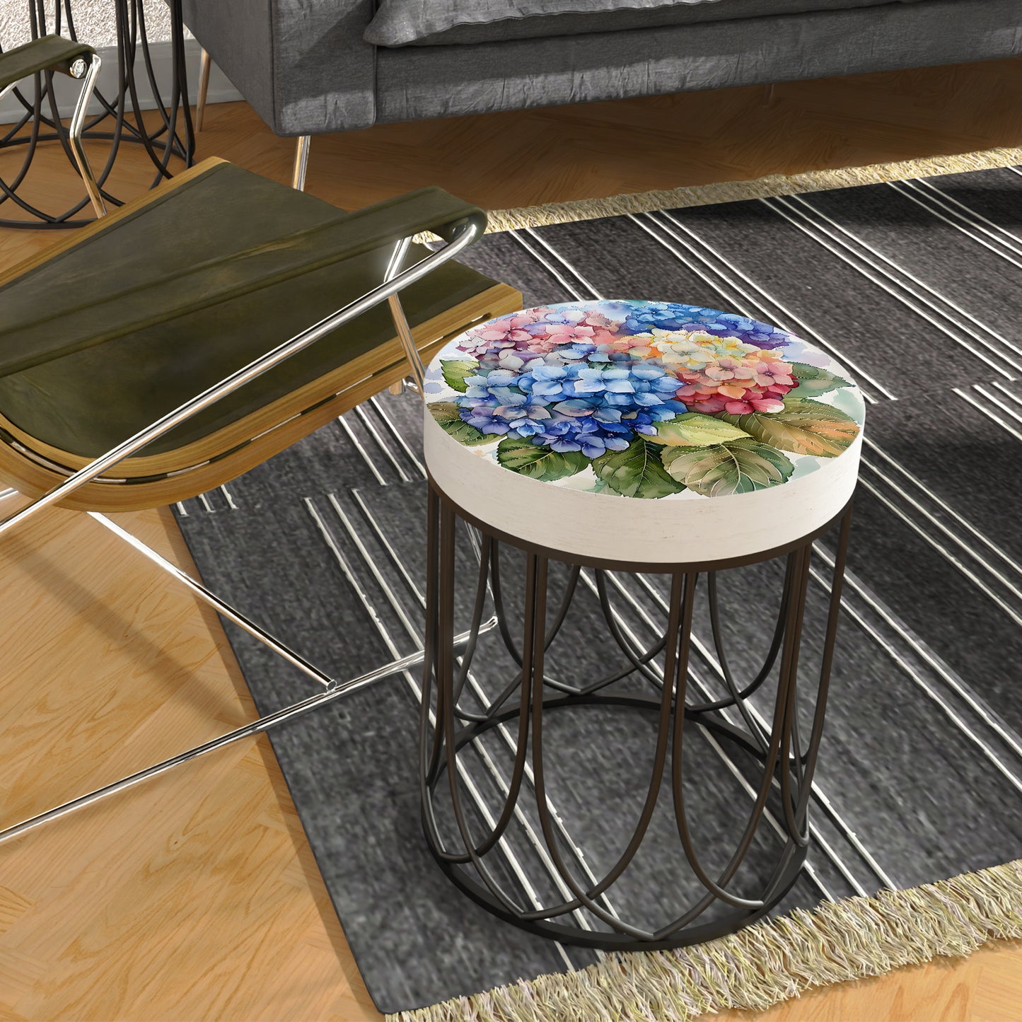 Spring Watercolor Hydrangea Accent Table | Round End Table for Indoor | UV Print Side Table | Wood & Metal | Spring Botanicals | 3 Sizes