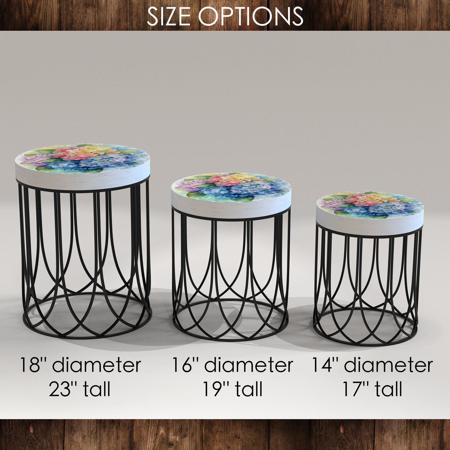 Spring Watercolor Hydrangea Accent Table | Round End Table for Indoor | UV Print Side Table | Wood & Metal | Spring Botanicals | 3 Sizes