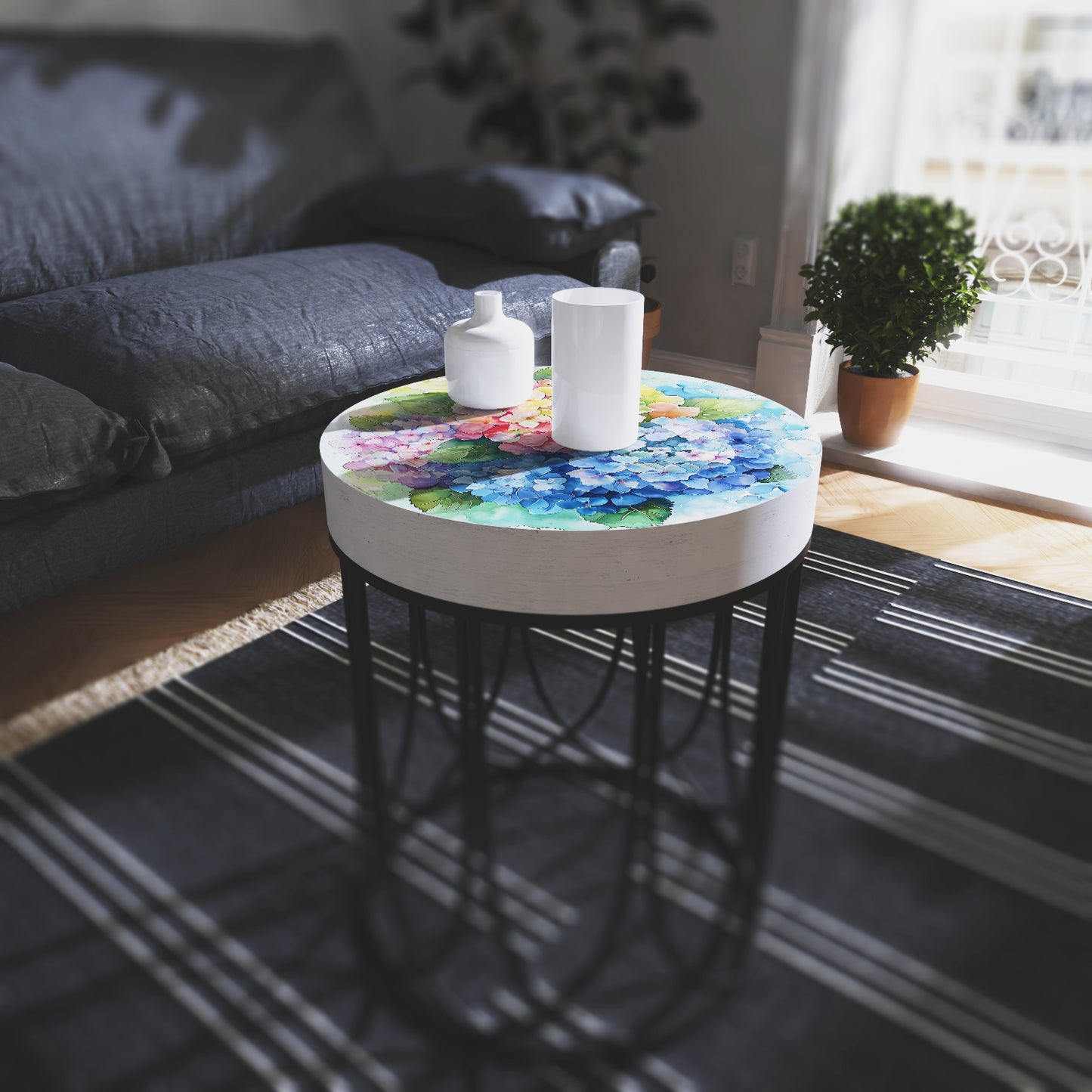Spring Watercolor Hydrangea Accent Table | Round End Table for Indoor | UV Print Side Table | Wood & Metal | Spring Botanicals | 3 Sizes