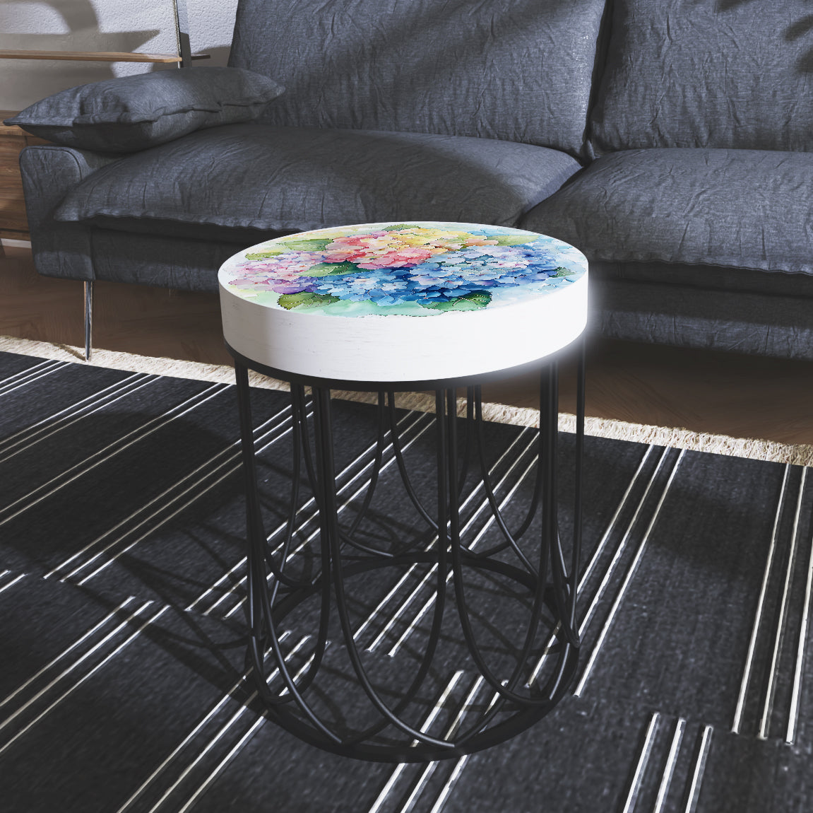 Spring Watercolor Hydrangea Accent Table | Round End Table for Indoor | UV Print Side Table | Wood & Metal | Spring Botanicals | 3 Sizes