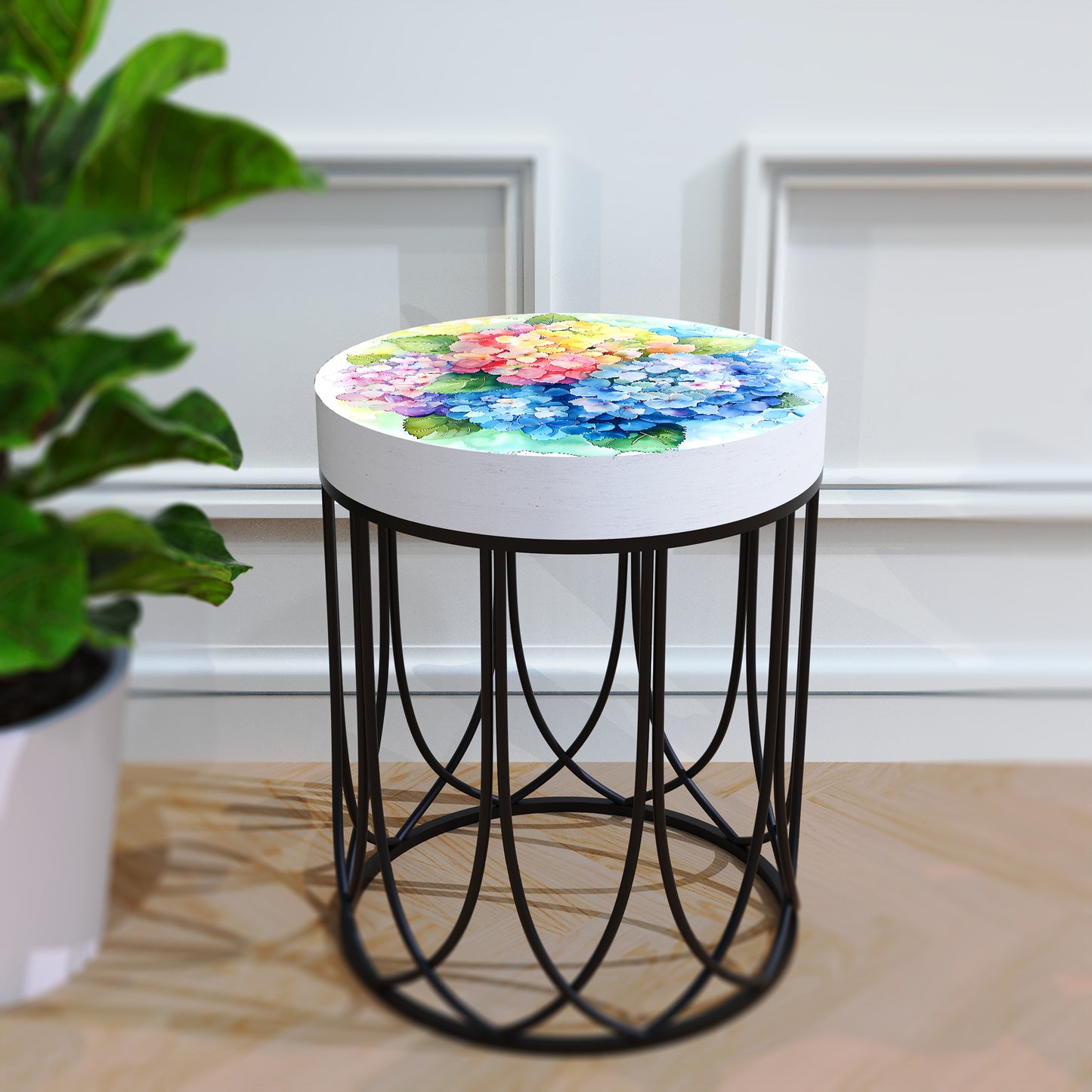 Spring Watercolor Hydrangea Accent Table | Round End Table for Indoor | UV Print Side Table | Wood & Metal | Spring Botanicals | 3 Sizes
