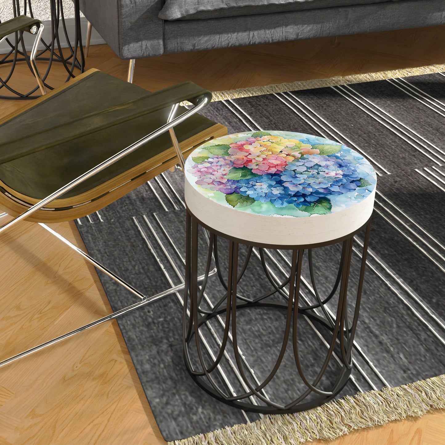 Spring Watercolor Hydrangea Accent Table | Round End Table for Indoor | UV Print Side Table | Wood & Metal | Spring Botanicals | 3 Sizes