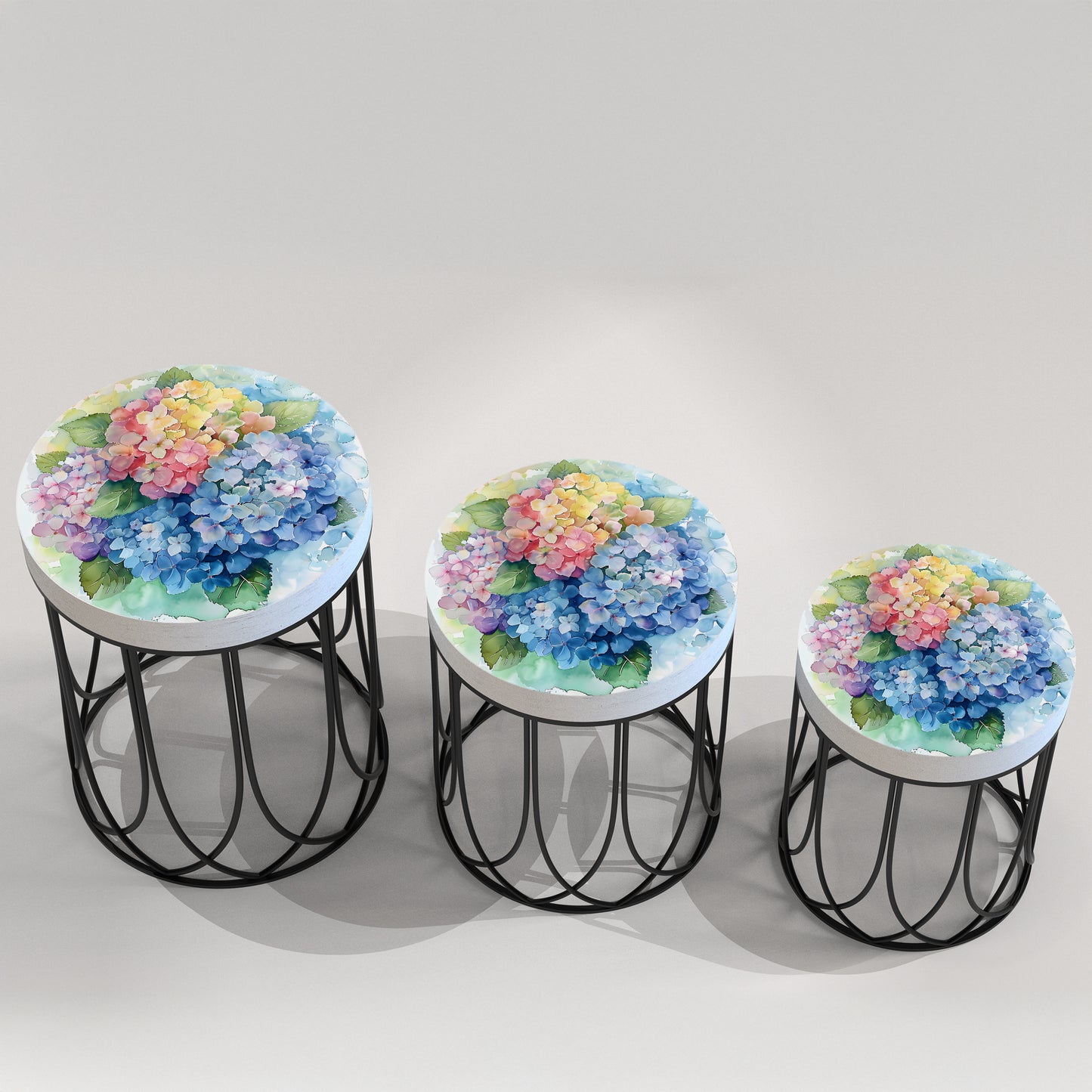 Spring Watercolor Hydrangea Accent Table | Round End Table for Indoor | UV Print Side Table | Wood & Metal | Spring Botanicals | 3 Sizes