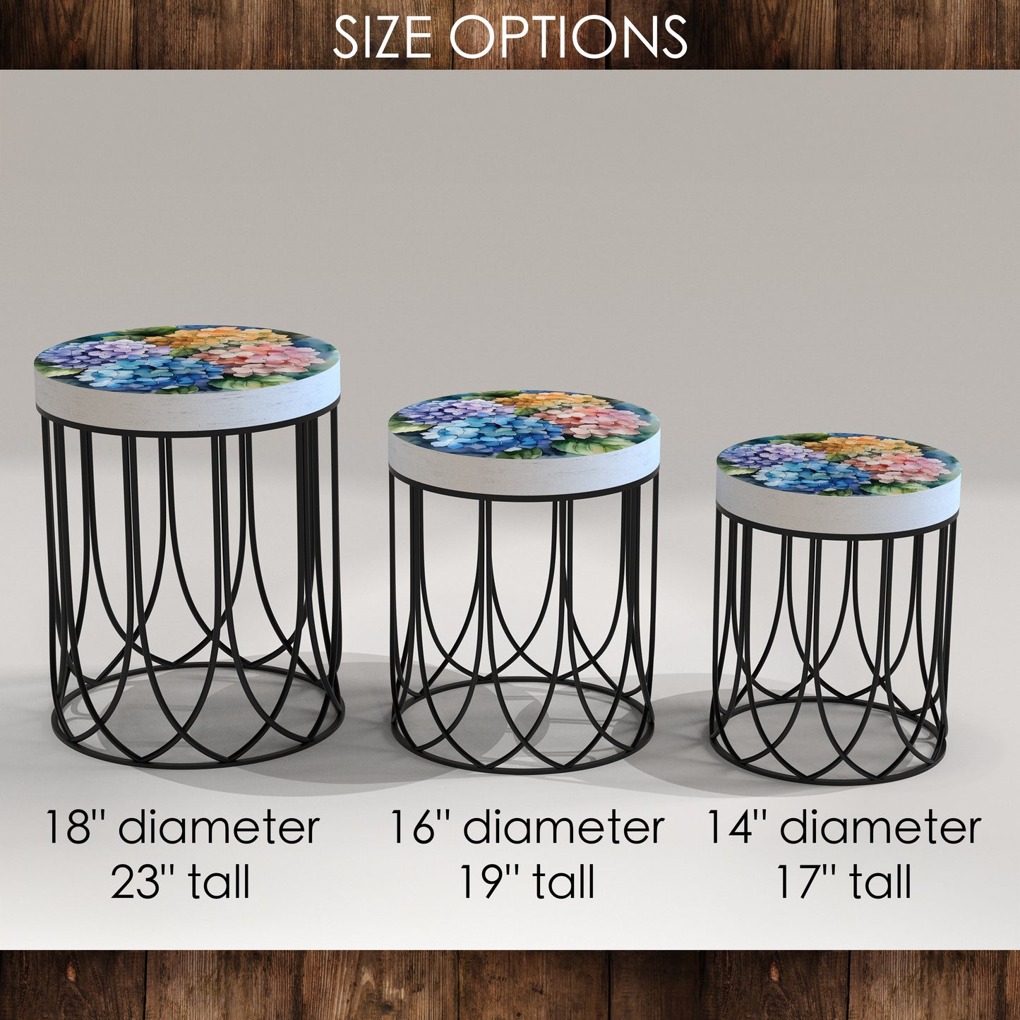 Spring Watercolor Hydrangea Accent Table | Round End Table for Indoor | UV Print Side Table | Wood & Metal | Spring Botanicals | 3 Sizes
