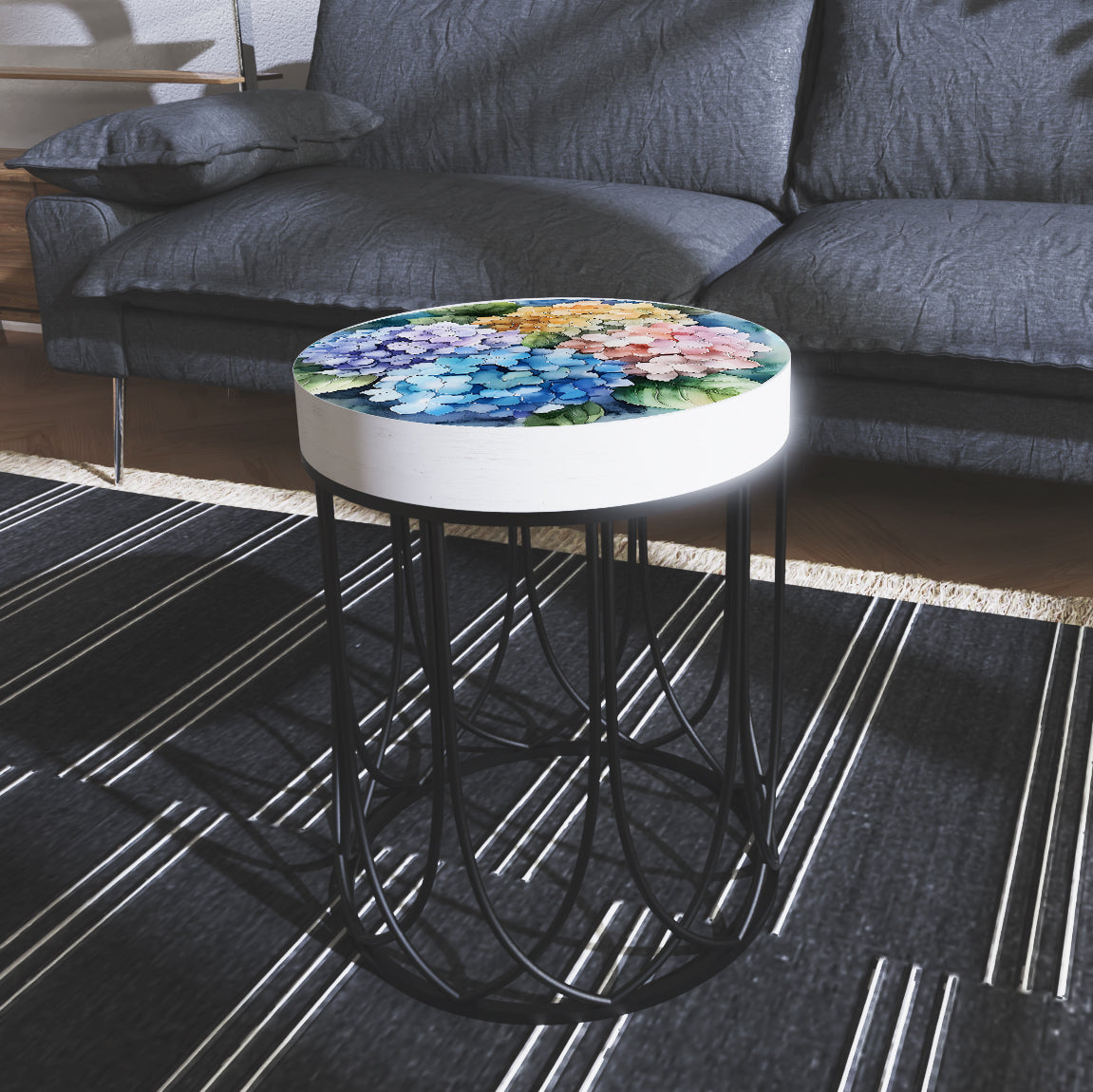 Spring Watercolor Hydrangea Accent Table | Round End Table for Indoor | UV Print Side Table | Wood & Metal | Spring Botanicals | 3 Sizes