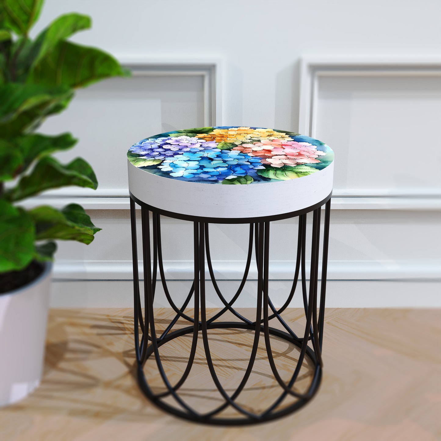 Spring Watercolor Hydrangea Accent Table | Round End Table for Indoor | UV Print Side Table | Wood & Metal | Spring Botanicals | 3 Sizes