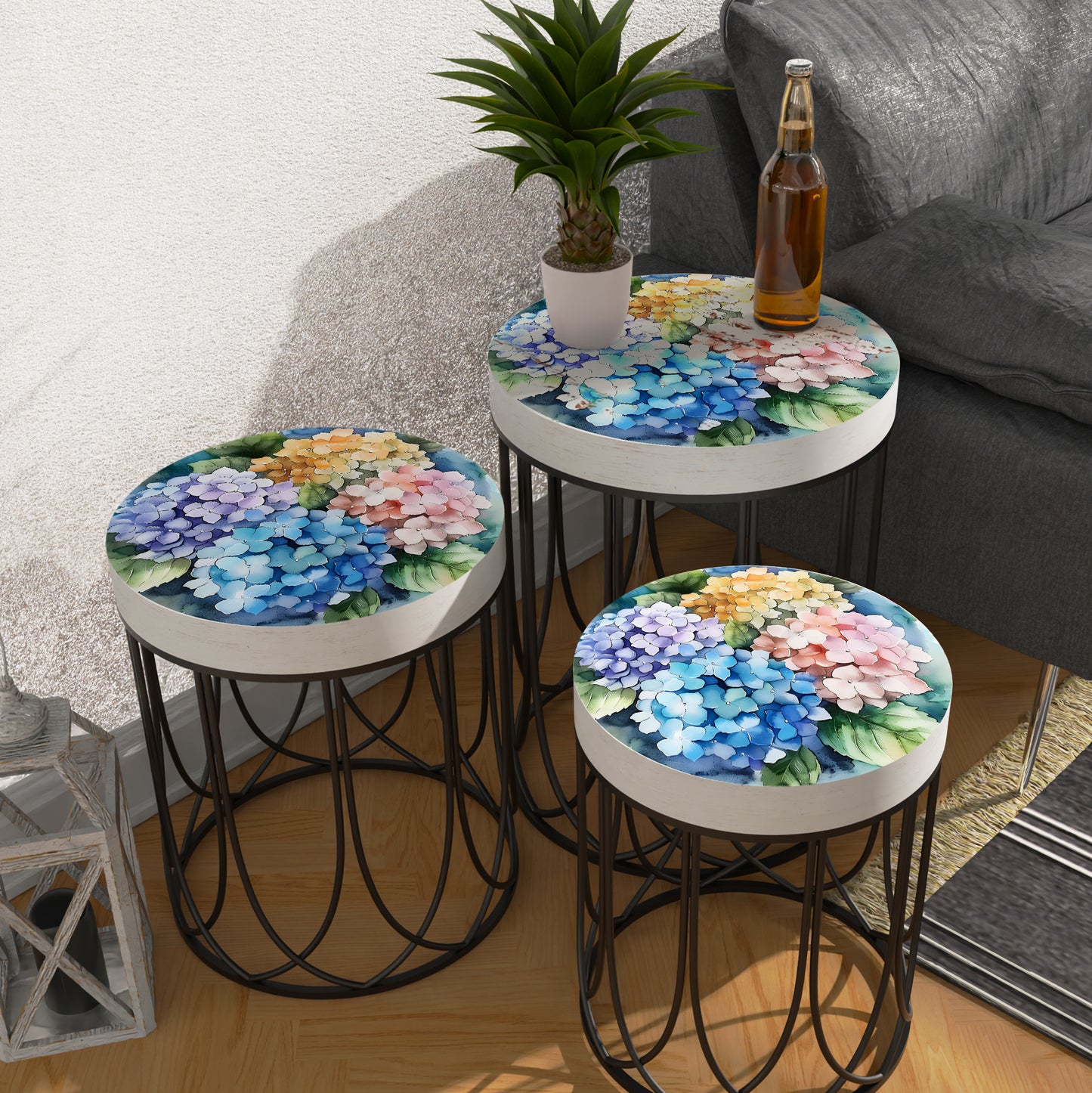 Spring Watercolor Hydrangea Accent Table | Round End Table for Indoor | UV Print Side Table | Wood & Metal | Spring Botanicals | 3 Sizes