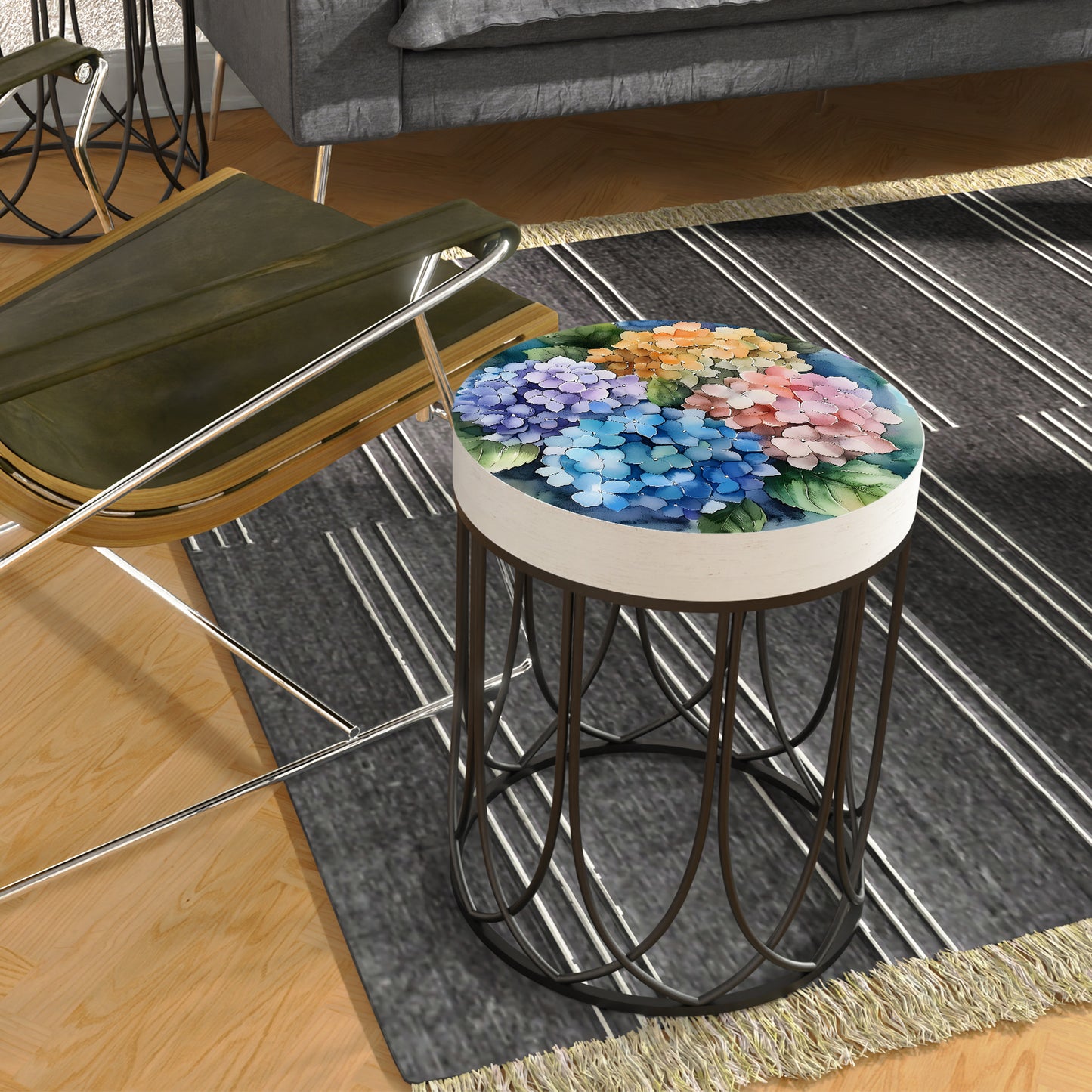 Spring Watercolor Hydrangea Accent Table | Round End Table for Indoor | UV Print Side Table | Wood & Metal | Spring Botanicals | 3 Sizes