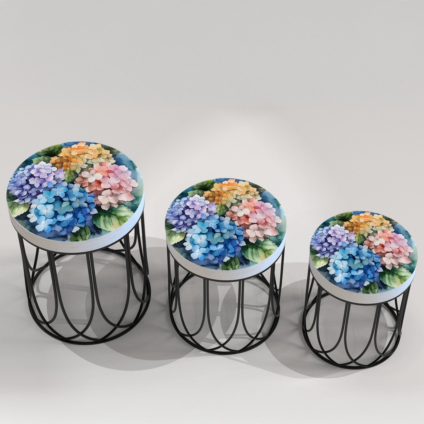 Spring Watercolor Hydrangea Accent Table | Round End Table for Indoor | UV Print Side Table | Wood & Metal | Spring Botanicals | 3 Sizes