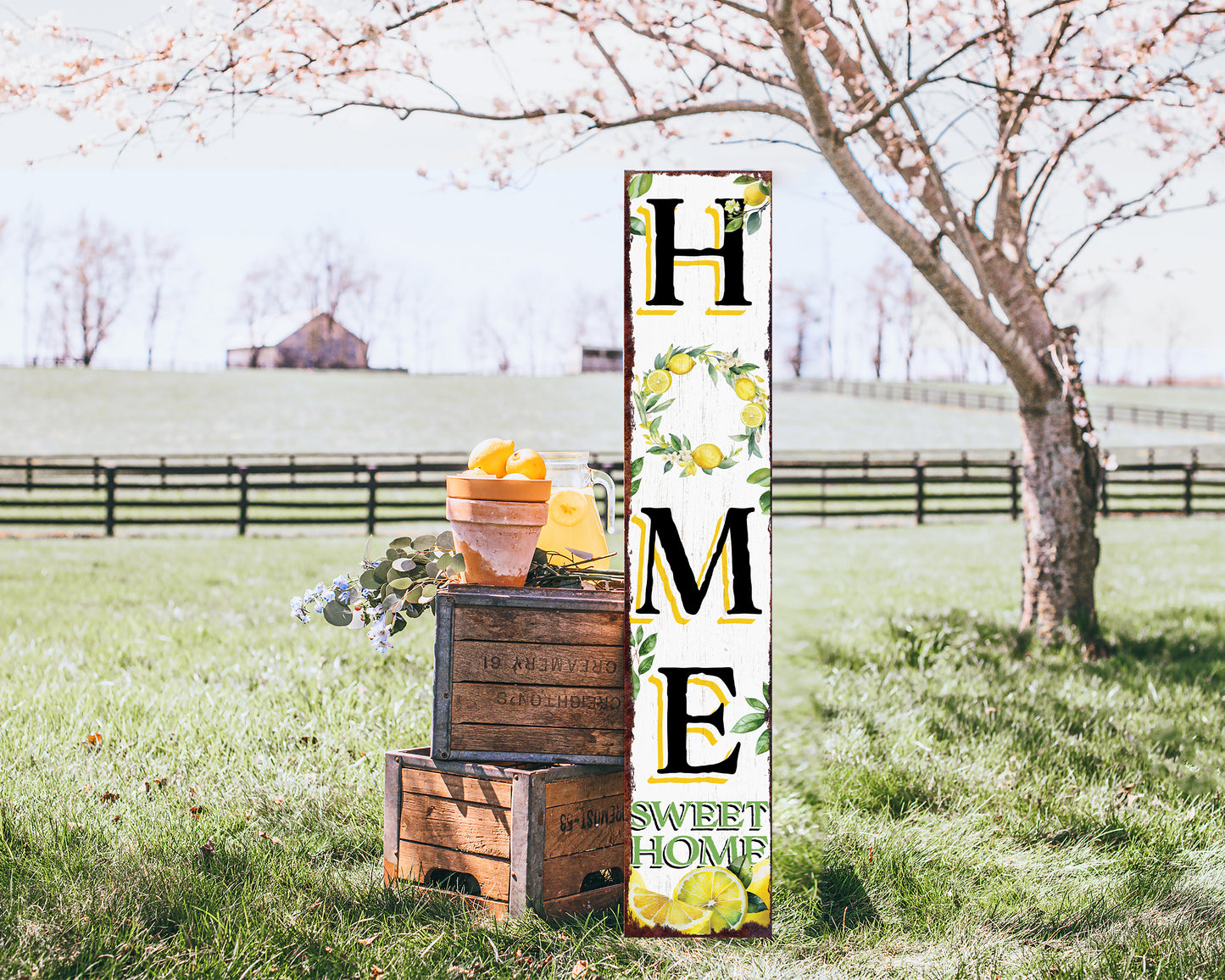 Lemon Home Sweet Home Sign | Rustic Wood Front Door Decor | Farmhouse Porch Sign Decorations | Patio Decor | Wooden Decor