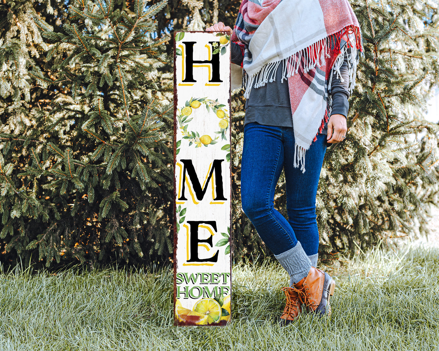 Lemon Home Sweet Home Sign | Rustic Wood Front Door Decor | Farmhouse Porch Sign Decorations | Patio Decor | Wooden Decor