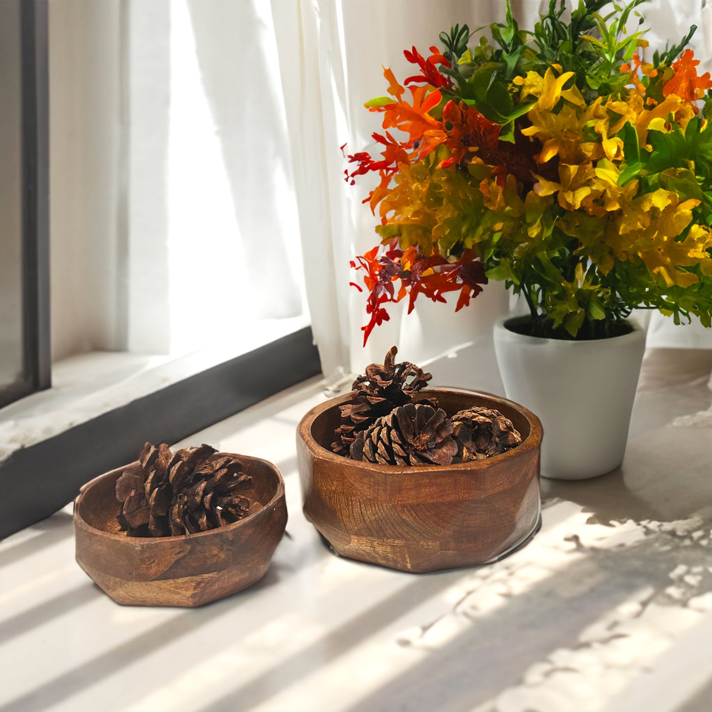 Acacia Wood Serving Bowls | Calabash Bowl Set of 2 | Hand-Carved Decorative Wooden Bowls
