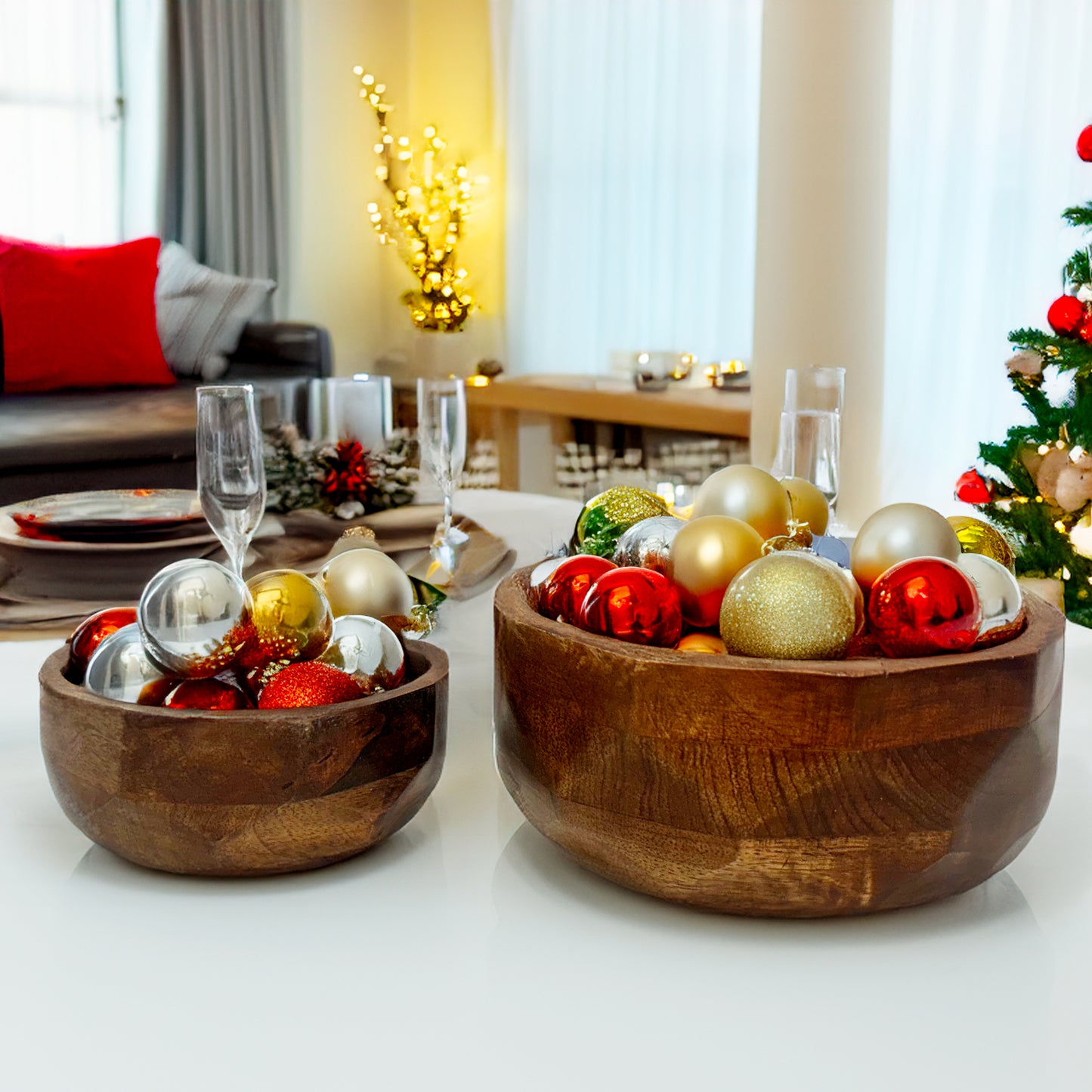 Acacia Wood Serving Bowls | Calabash Bowl Set of 2 | Hand-Carved Decorative Wooden Bowls