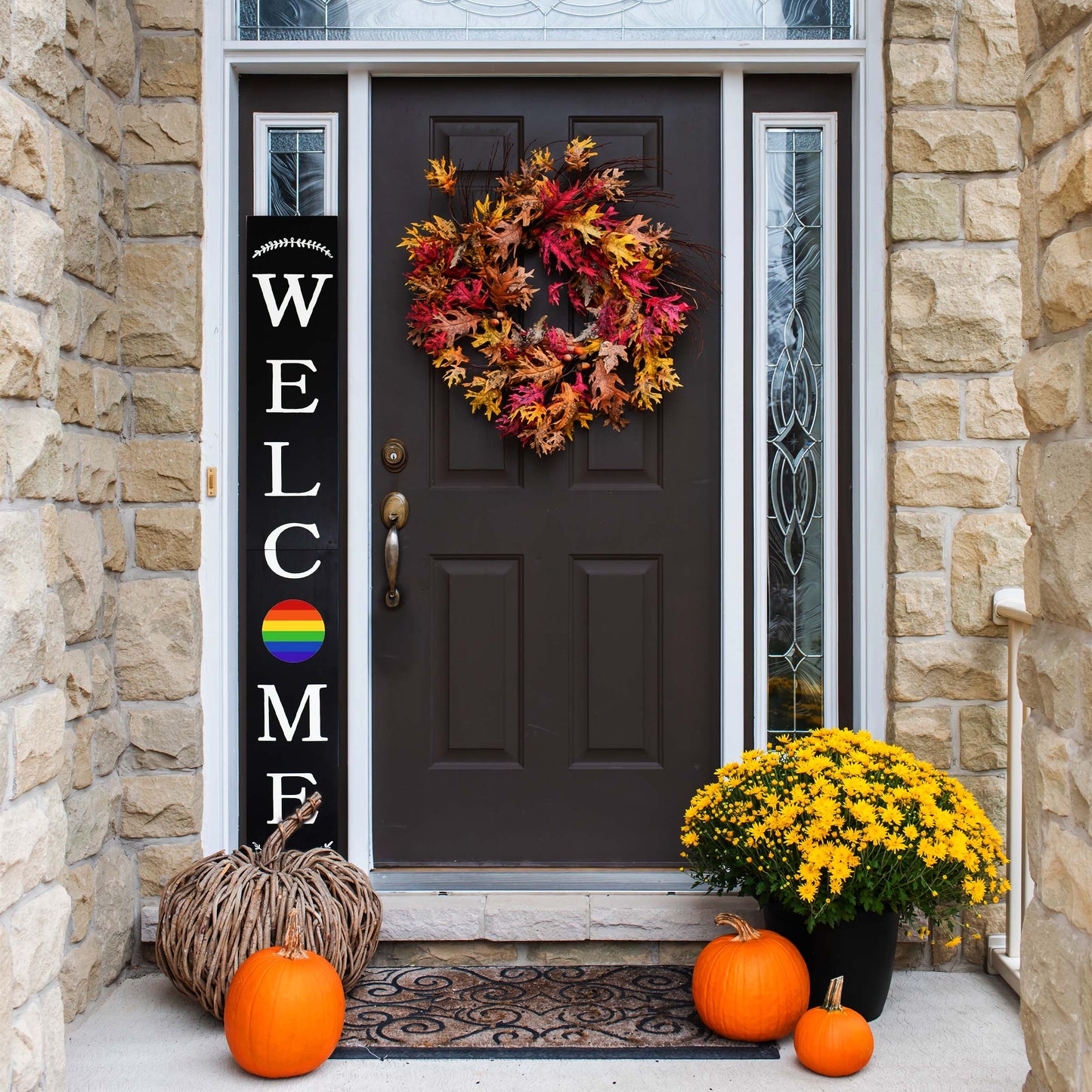 72in Outdoor Rainbow Modern Farmhouse Welcome Sign | Black Front Door Decor | LGBT Celebration Decor