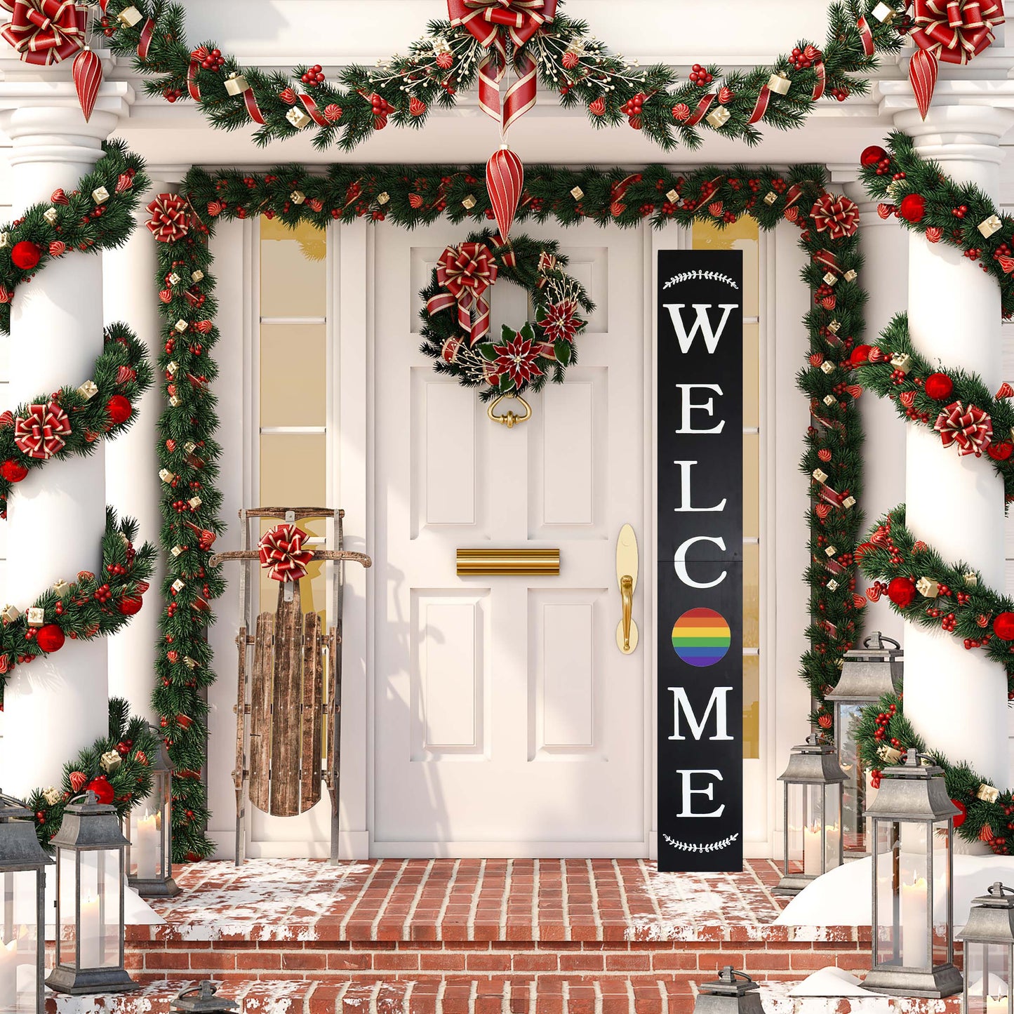 72in Outdoor Rainbow Modern Farmhouse Welcome Sign | Black Front Door Decor | LGBT Celebration Decor