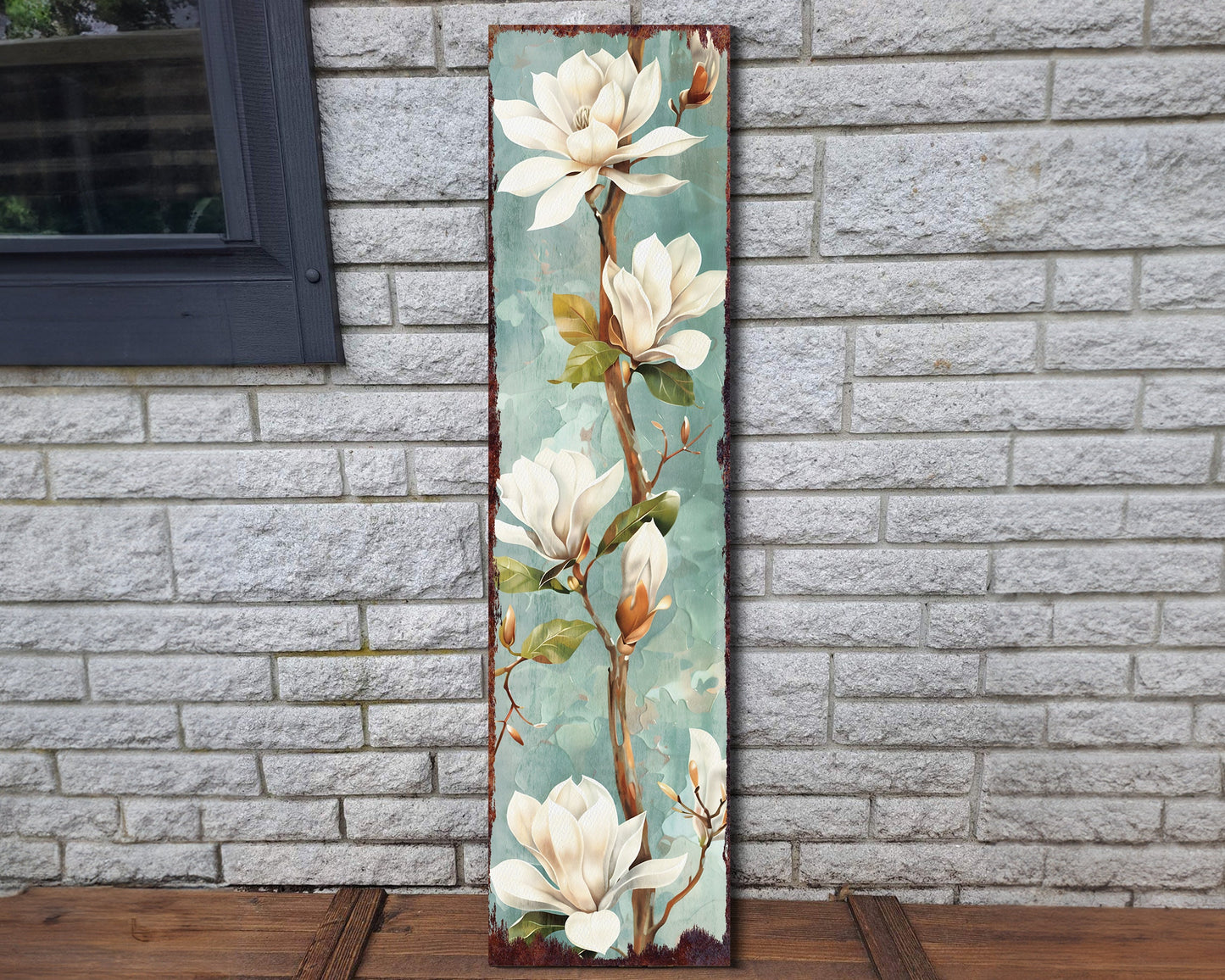 36in Spring Magnolia Porch Sign | Playful Watercolor White Magnolia | Light Blue Background | Entryway, Front Door, Porch Home Decor Sign