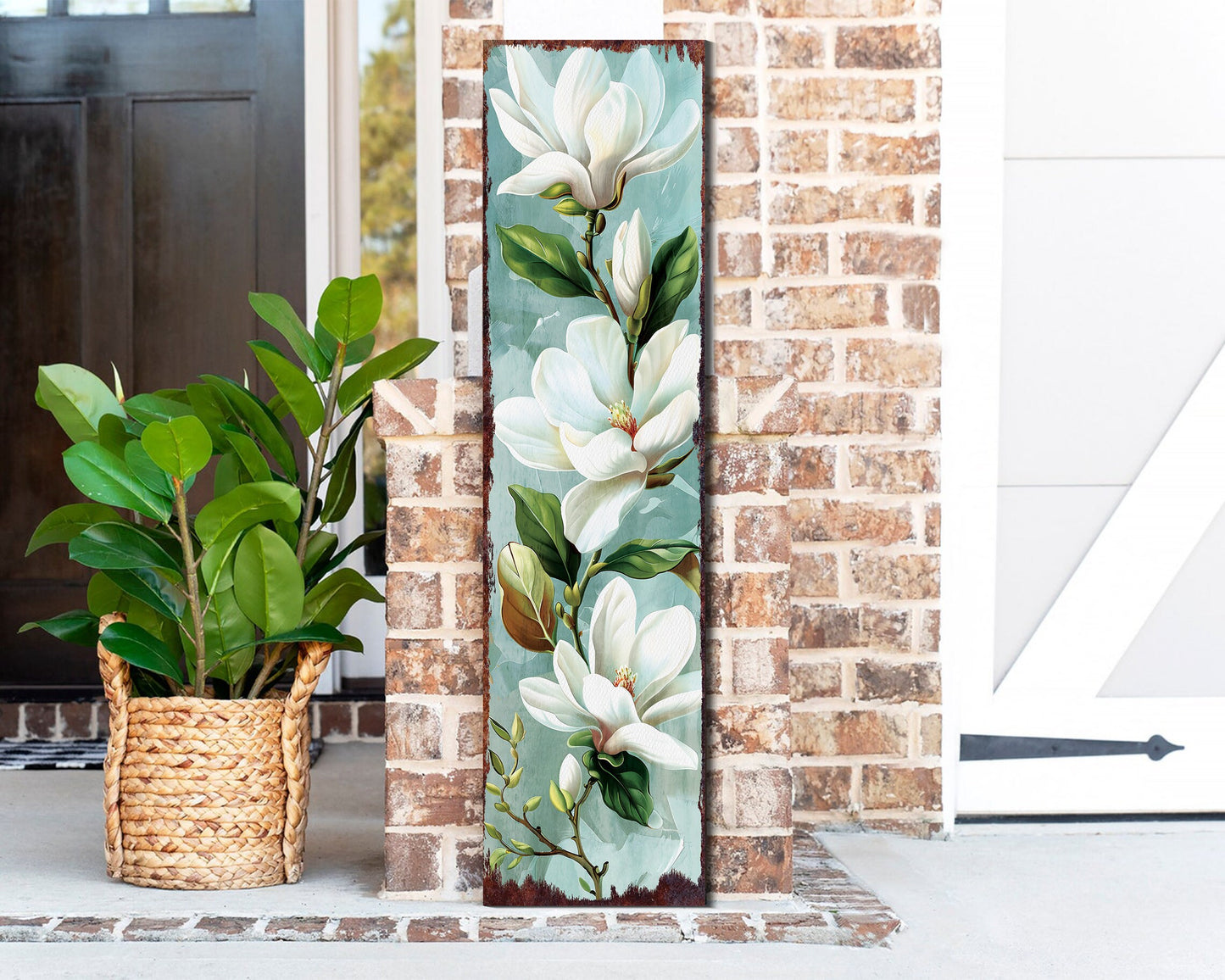 36in Spring Magnolia Porch Sign | Playful Watercolor White Magnolia | Light Blue Background | Entryway, Front Door, Porch Home Decor
