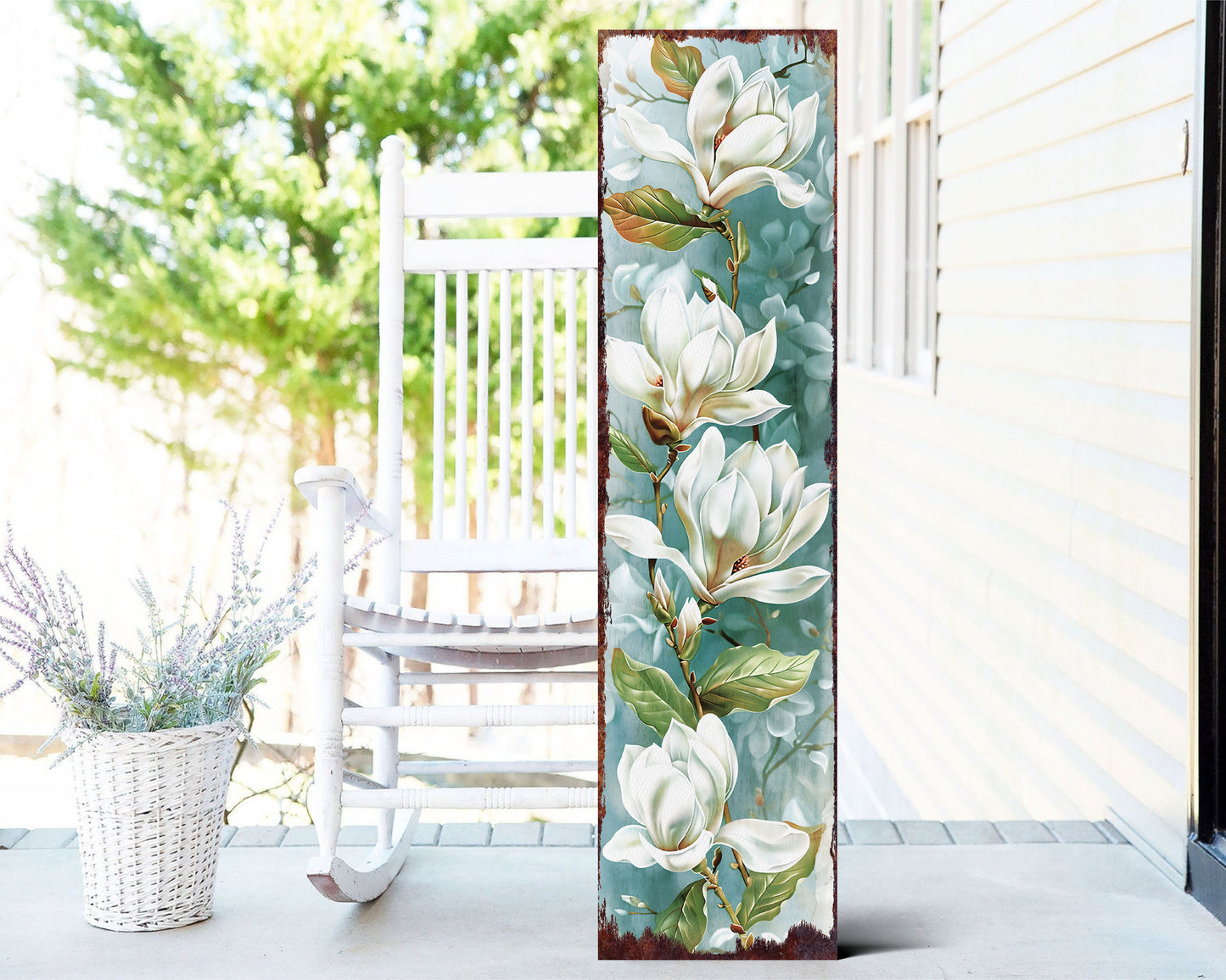 36in Spring Magnolia Porch Sign Playful Watercolor White Magnolia Light Blue Background for Entryway, Front Door, Porch Home Decor