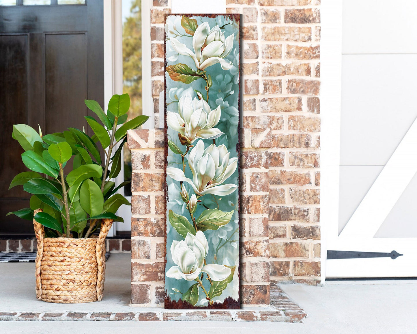36in Spring Magnolia Porch Sign Playful Watercolor White Magnolia Light Blue Background for Entryway, Front Door, Porch Home Decor