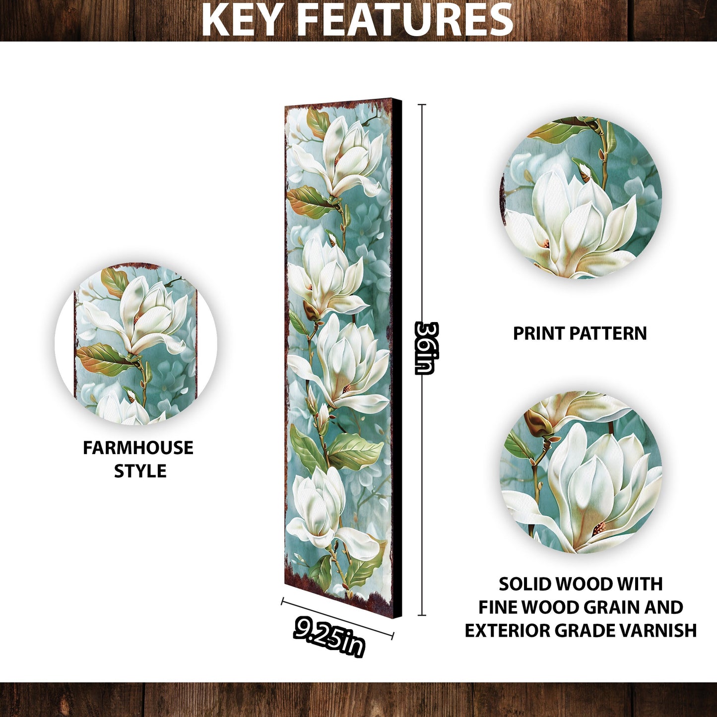 36in Spring Magnolia Porch Sign Playful Watercolor White Magnolia Light Blue Background for Entryway, Front Door, Porch Home Decor