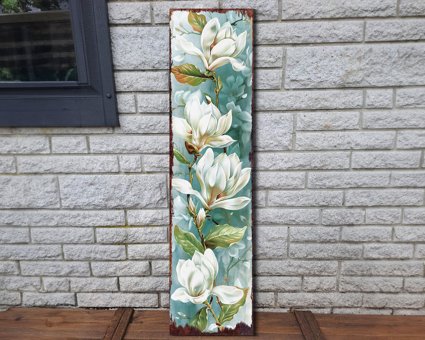 36in Spring Magnolia Porch Sign Playful Watercolor White Magnolia Light Blue Background for Entryway, Front Door, Porch Home Decor