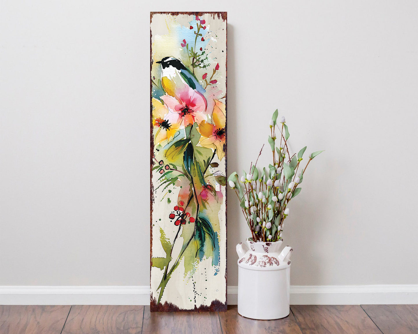 36-Inch Spring Watercolor Chickadee Porch Sign - Front Door Wall Decor, Perfect for Farmhouse Outdoor Entryway Decor Plaque