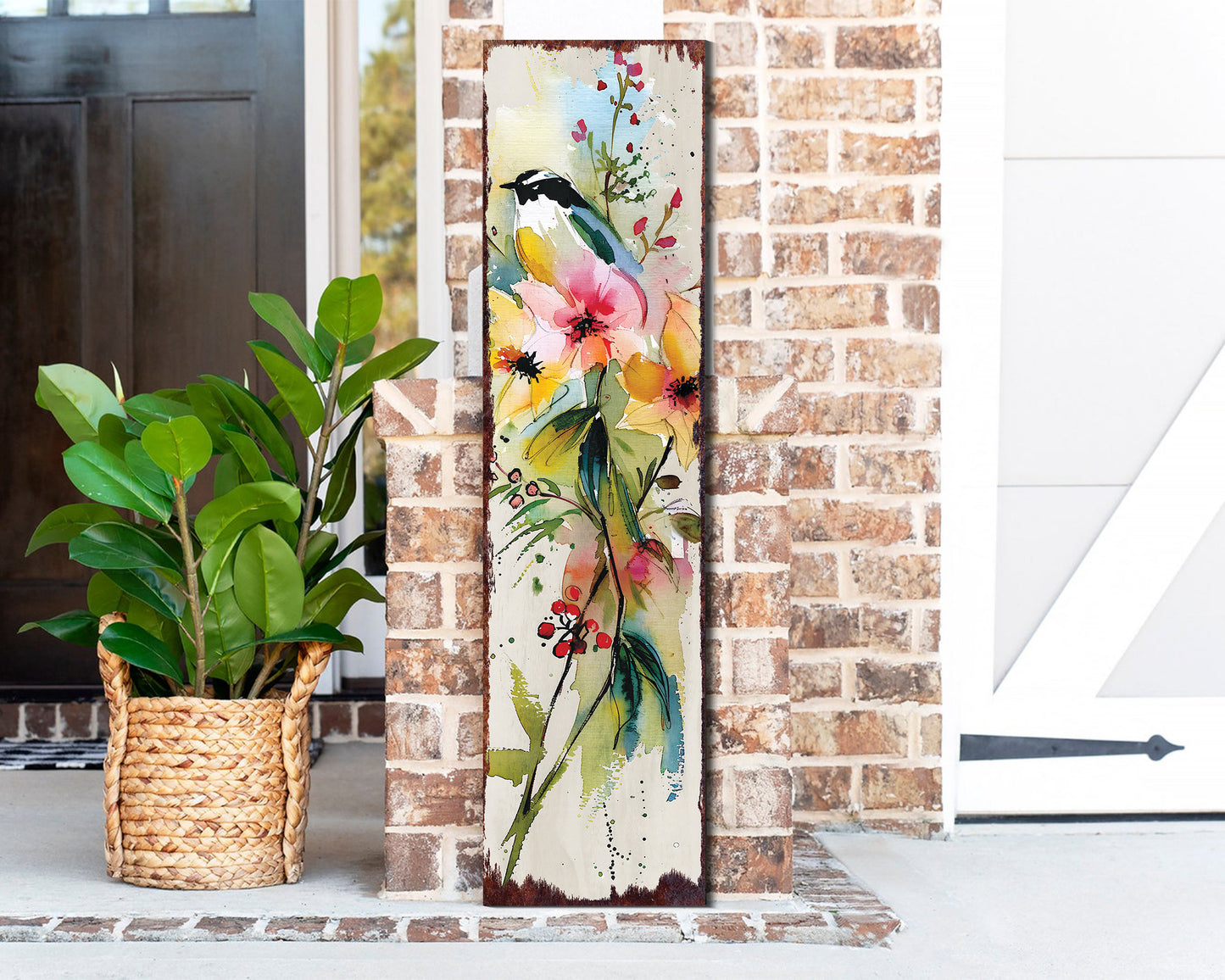 36-Inch Spring Watercolor Chickadee Porch Sign - Front Door Wall Decor, Perfect for Farmhouse Outdoor Entryway Decor Plaque