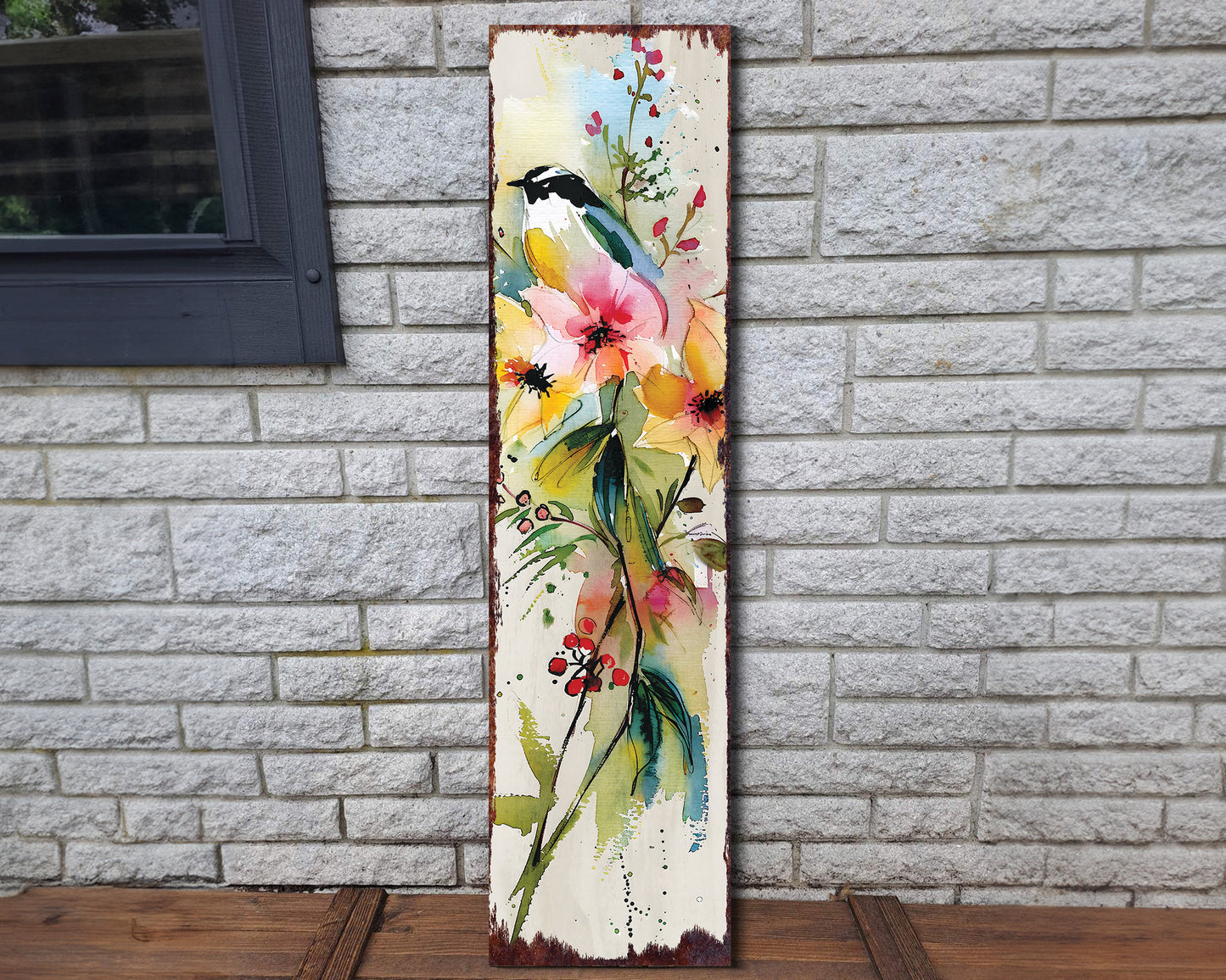 36-Inch Spring Watercolor Chickadee Porch Sign - Front Door Wall Decor, Perfect for Farmhouse Outdoor Entryway Decor Plaque