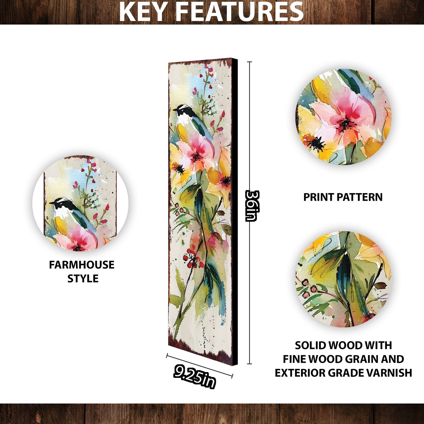 36-Inch Spring Watercolor Chickadee Porch Sign - Front Door Wall Decor, Perfect for Farmhouse Outdoor Entryway Decor Plaque