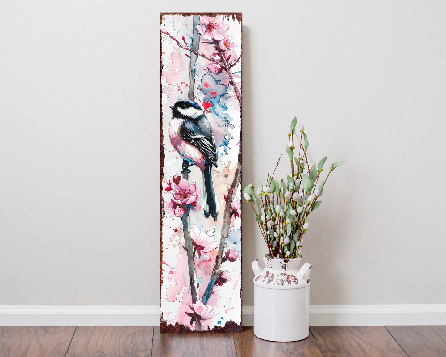 36in Spring Watercolor Chickadee Porch Sign - Front Door Wall Decor, Perfect for Farmhouse Outdoor Entryway Decor Plaque