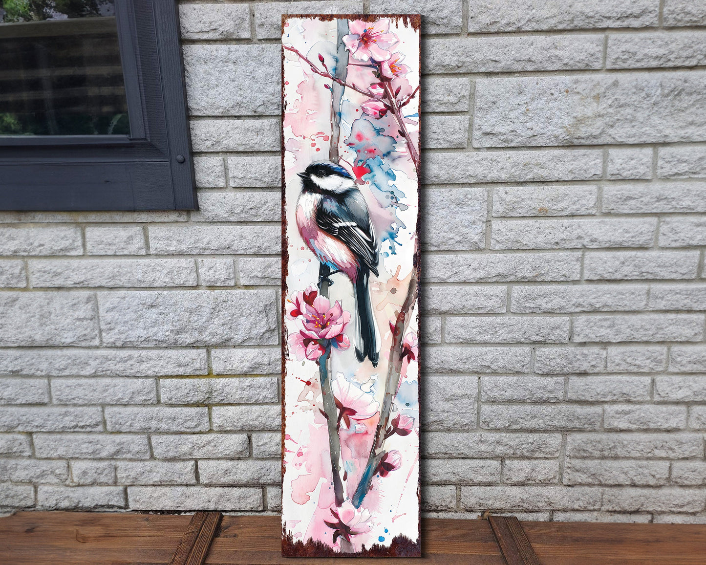 36in Spring Watercolor Chickadee Porch Sign - Front Door Wall Decor, Perfect for Farmhouse Outdoor Entryway Decor Plaque