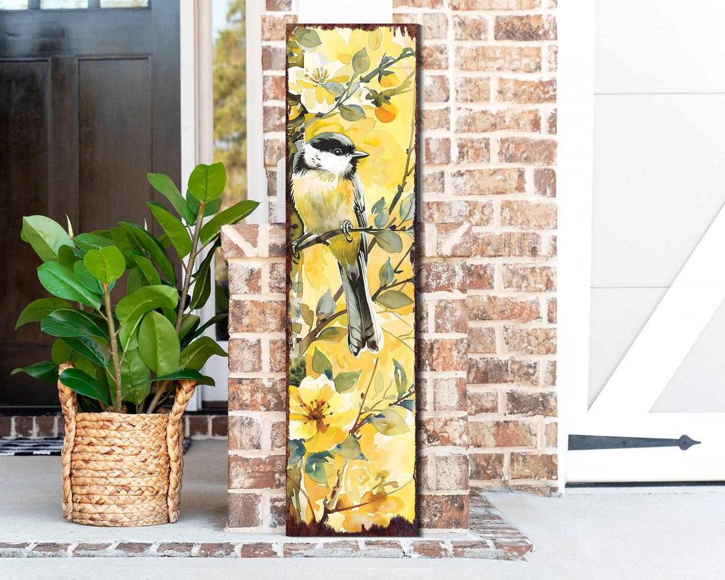 36in Spring Watercolor Chickadee Porch Sign - Front Door Yellow Spring Decor, Perfect for Farmhouse Outdoor Entryway Decor Plaque