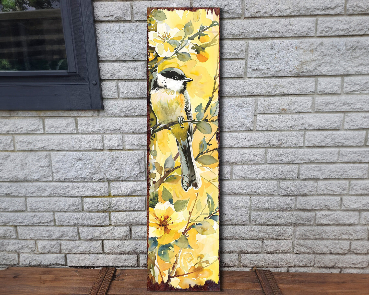 36in Spring Watercolor Chickadee Porch Sign - Front Door Yellow Spring Decor, Perfect for Farmhouse Outdoor Entryway Decor Plaque