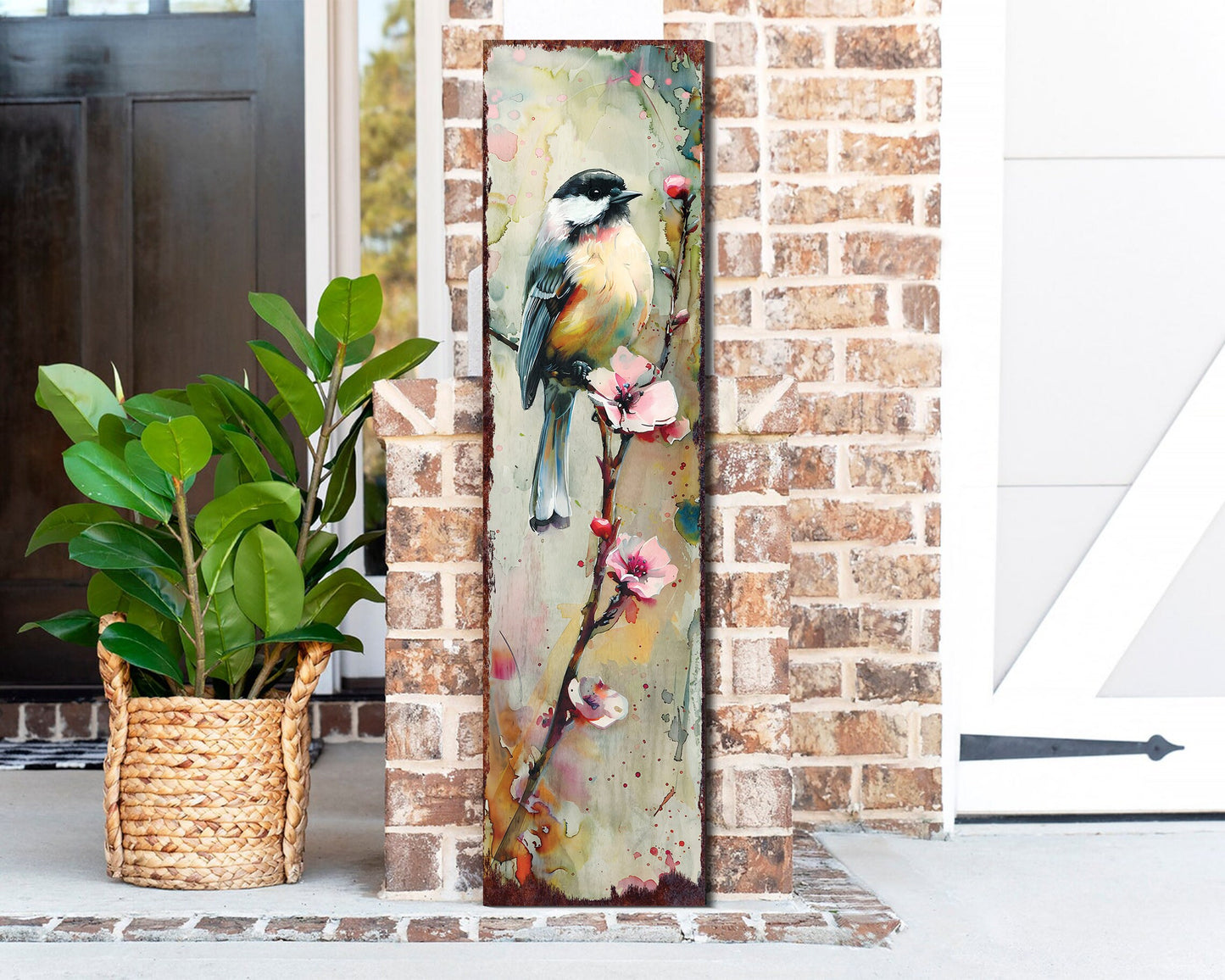 36in Spring Watercolor Chickadee Porch Sign - Front Door Yellow Spring Decor Sign, Perfect for Farmhouse Outdoor Entryway Decor
